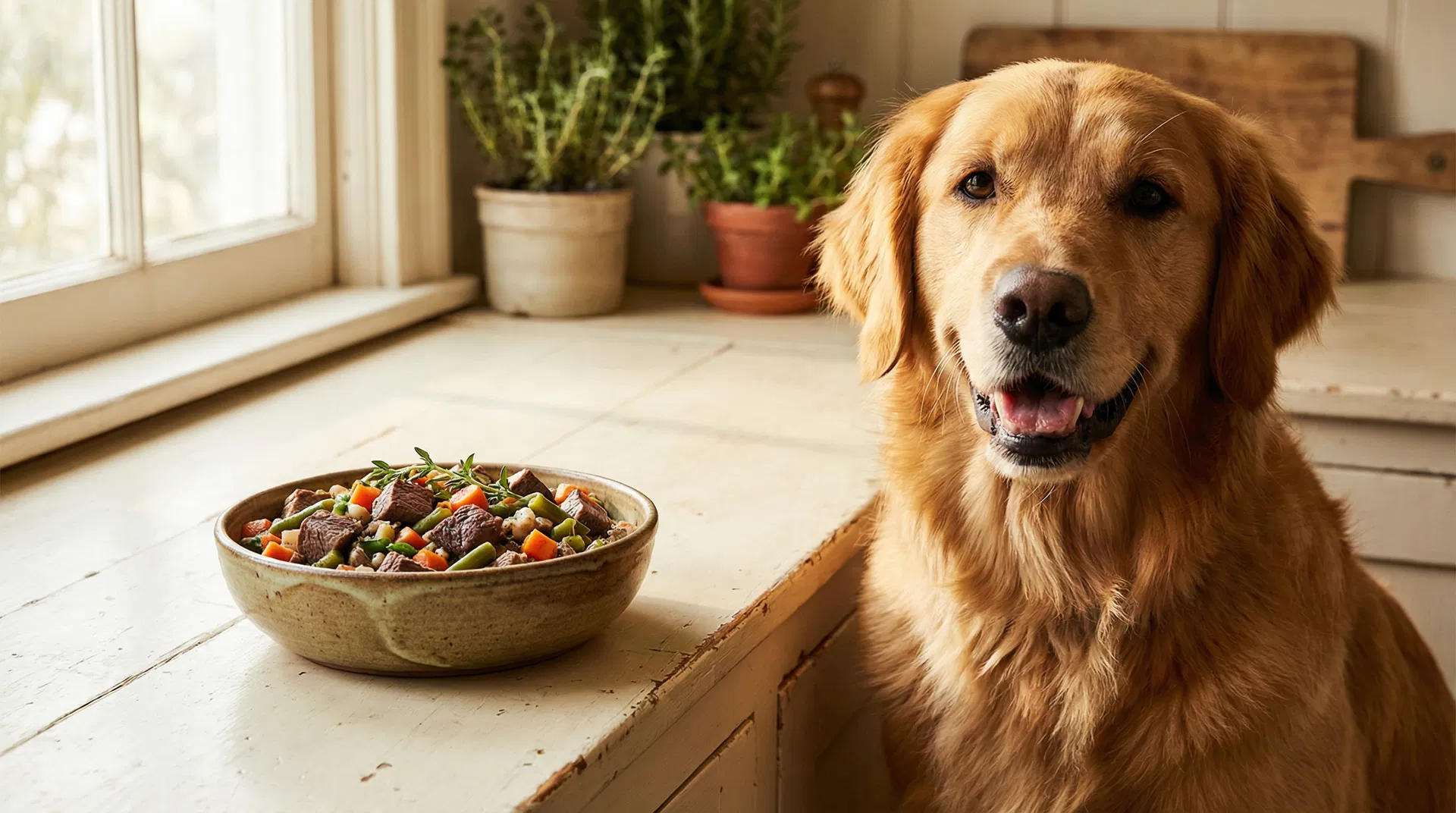 Glücklicher Hund mit natürlichem Futter