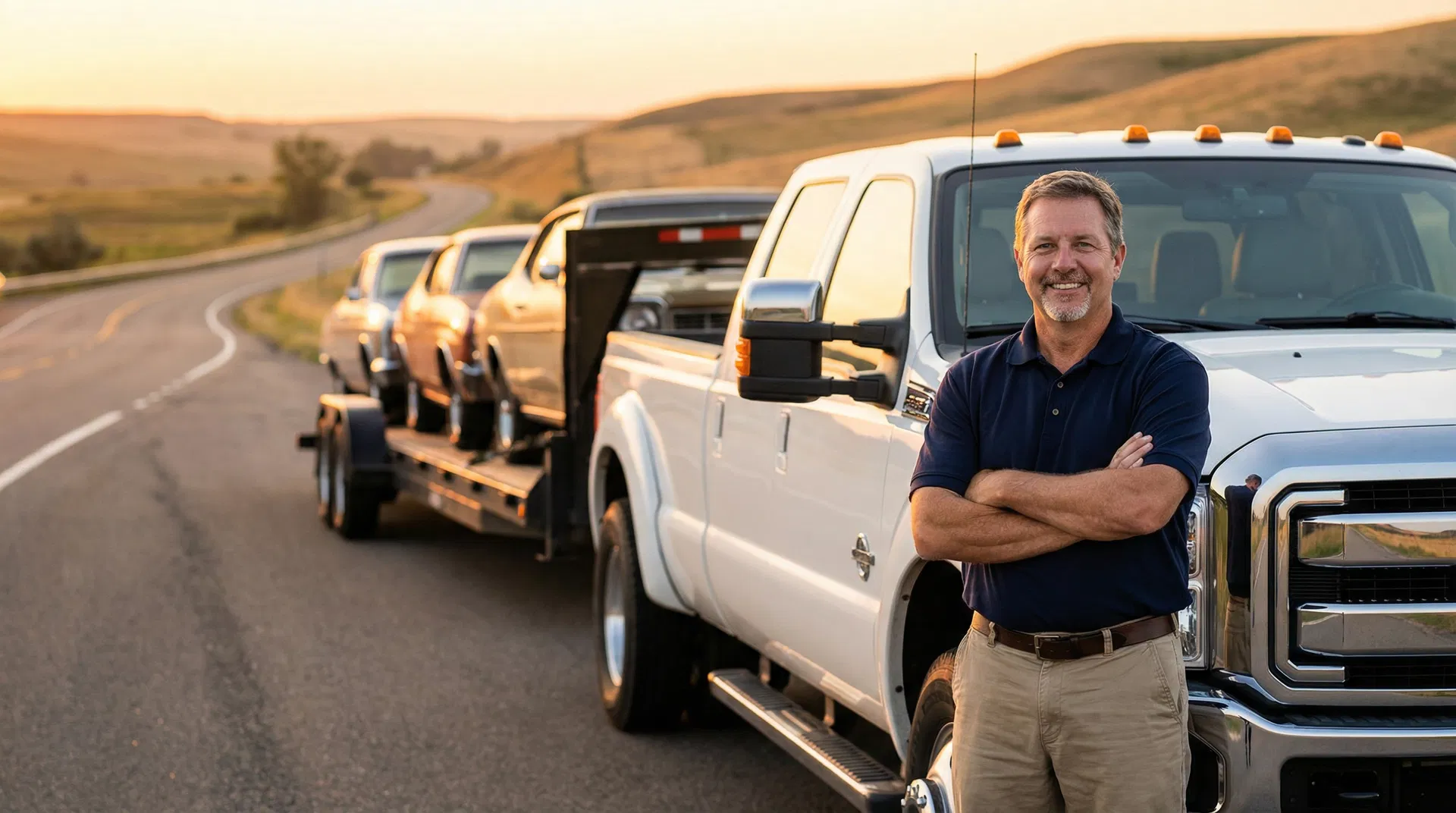 Professional car hauler driver standing next to truck at sunset