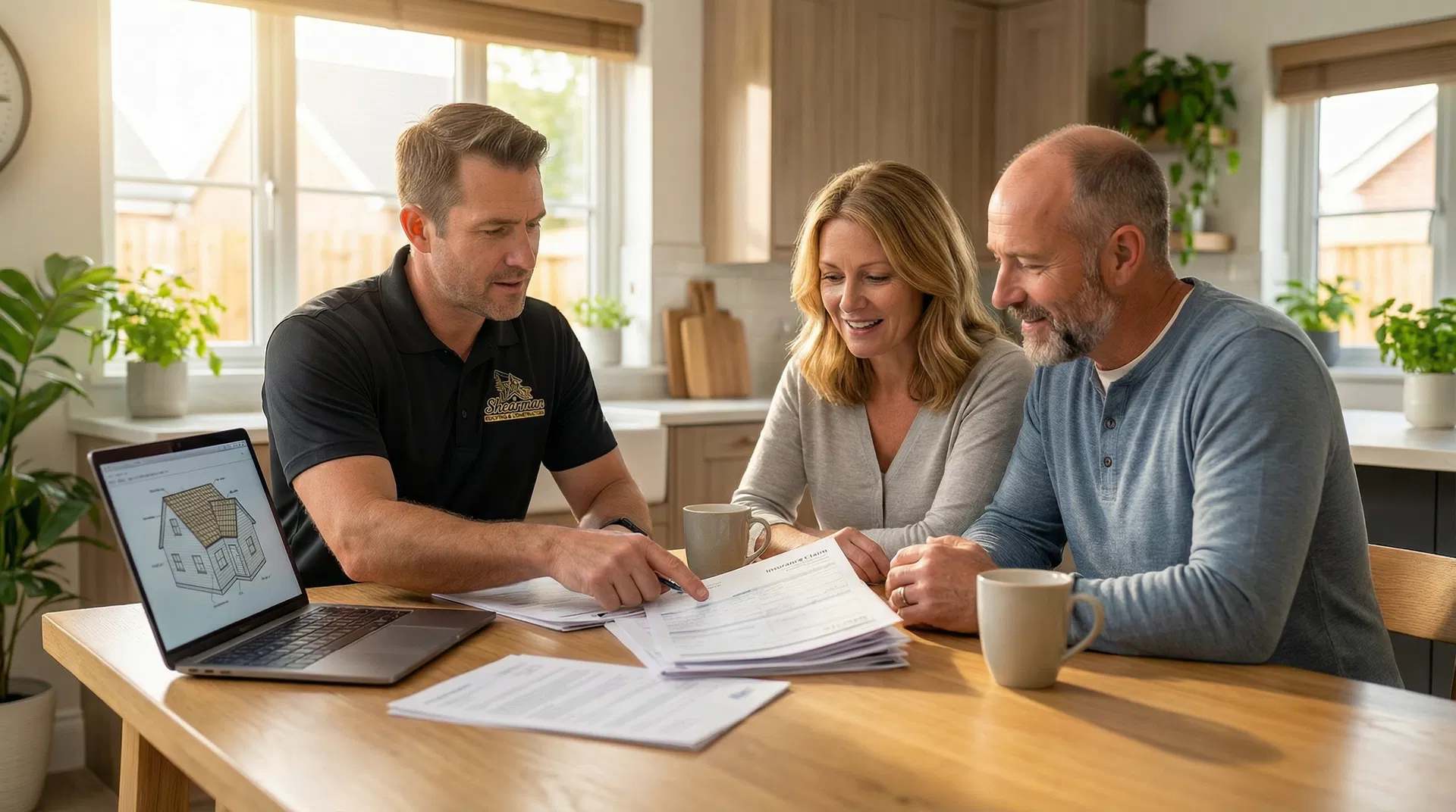 Shearman Roofing contractor in branded polo explaining insurance paperwork to homeowners at their kitchen table