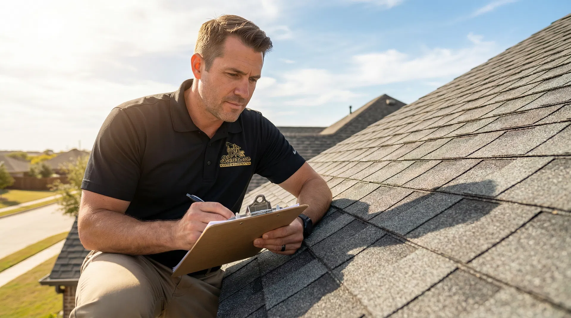 Shearman Roofing inspector examining shingles on a residential roof in North Texas