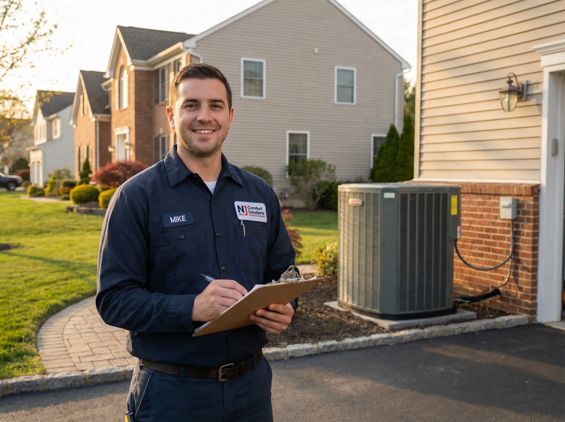 ASE Heating and Cooling LLC HVAC technician ready for AC capacitor replacement service in Hackettstown NJ