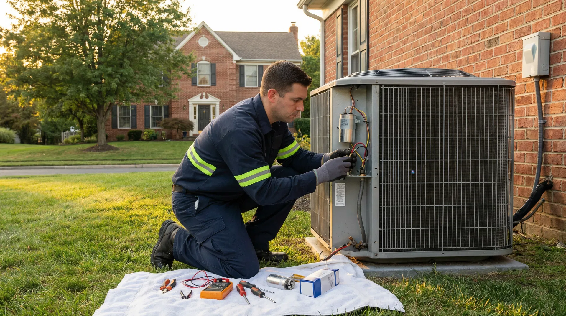 ASE Heating and Cooling technician performing AC capacitor replacement in Mansfield NJ residential home