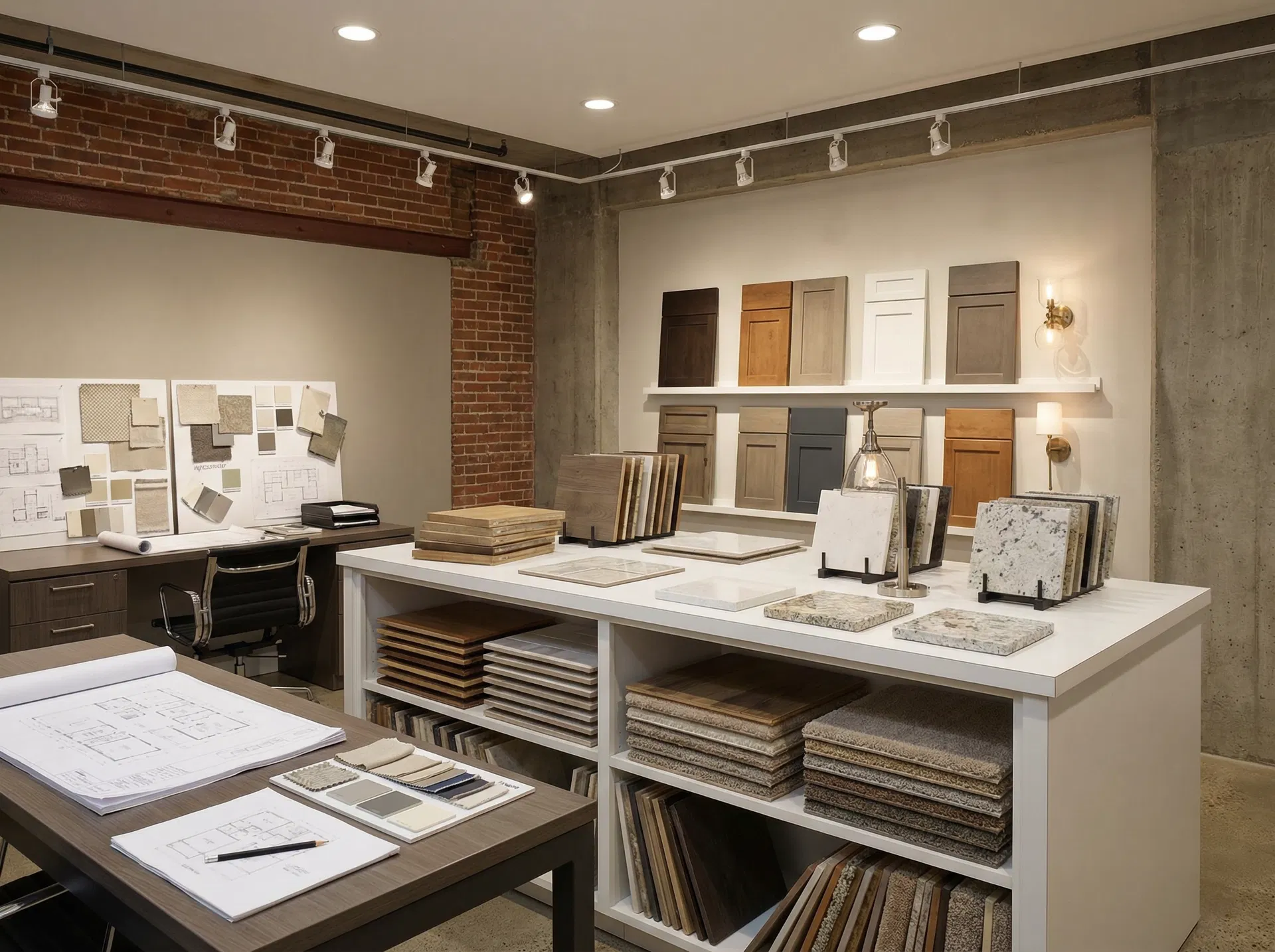 Aurora Kitchens & Interiors design studio with basement remodeling material samples in Somerville NJ