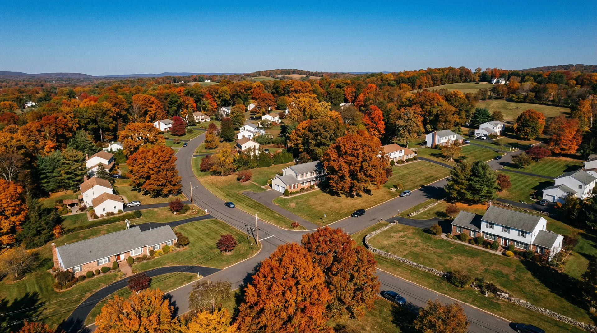 Whitehouse Station NJ neighborhood aerial view showing established homes and mature trees — Mazzeo Plumbing service area