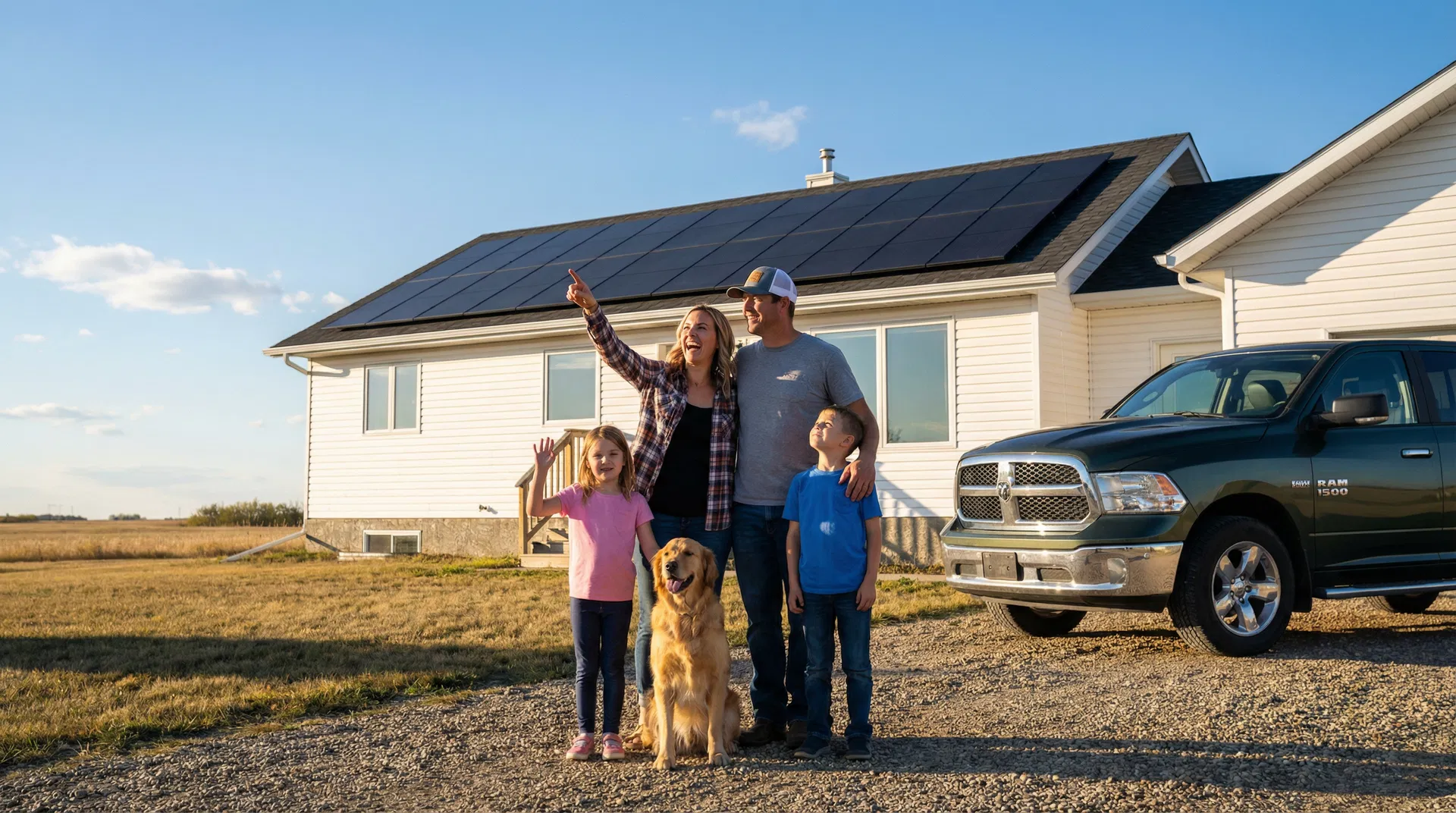 Alberta family standing in front of their rural home with clean black solar panels, golden retriever and Ram 1500 truck, sunny summer day