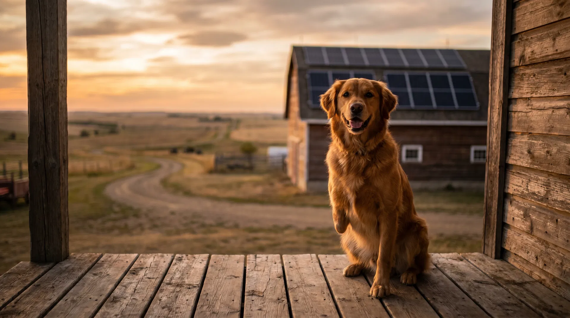 Three-legged dog on Alberta farm with solar panels on barn at golden hour