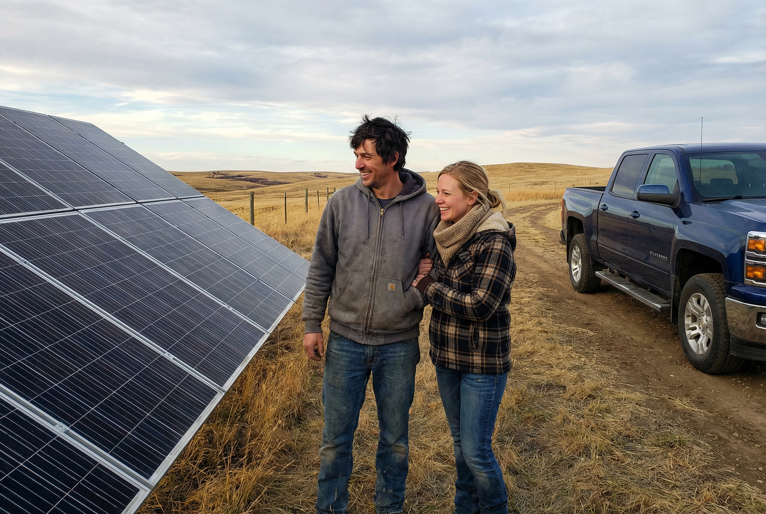 Alberta couple standing in front of their completed ground-mount solar array on their acreage