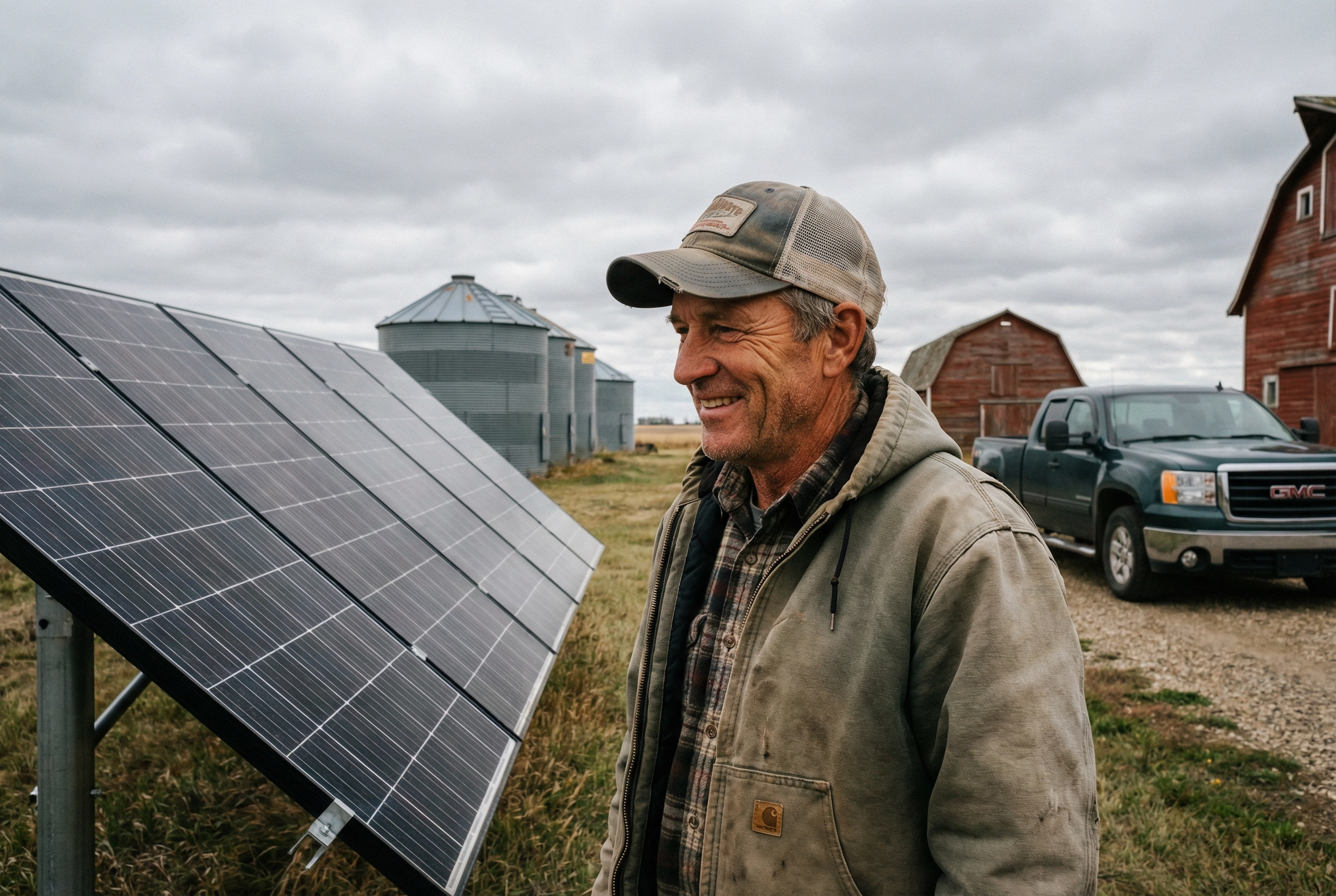 Alberta farmer standing next to his completed solar installation with grain bins and red barn in the background