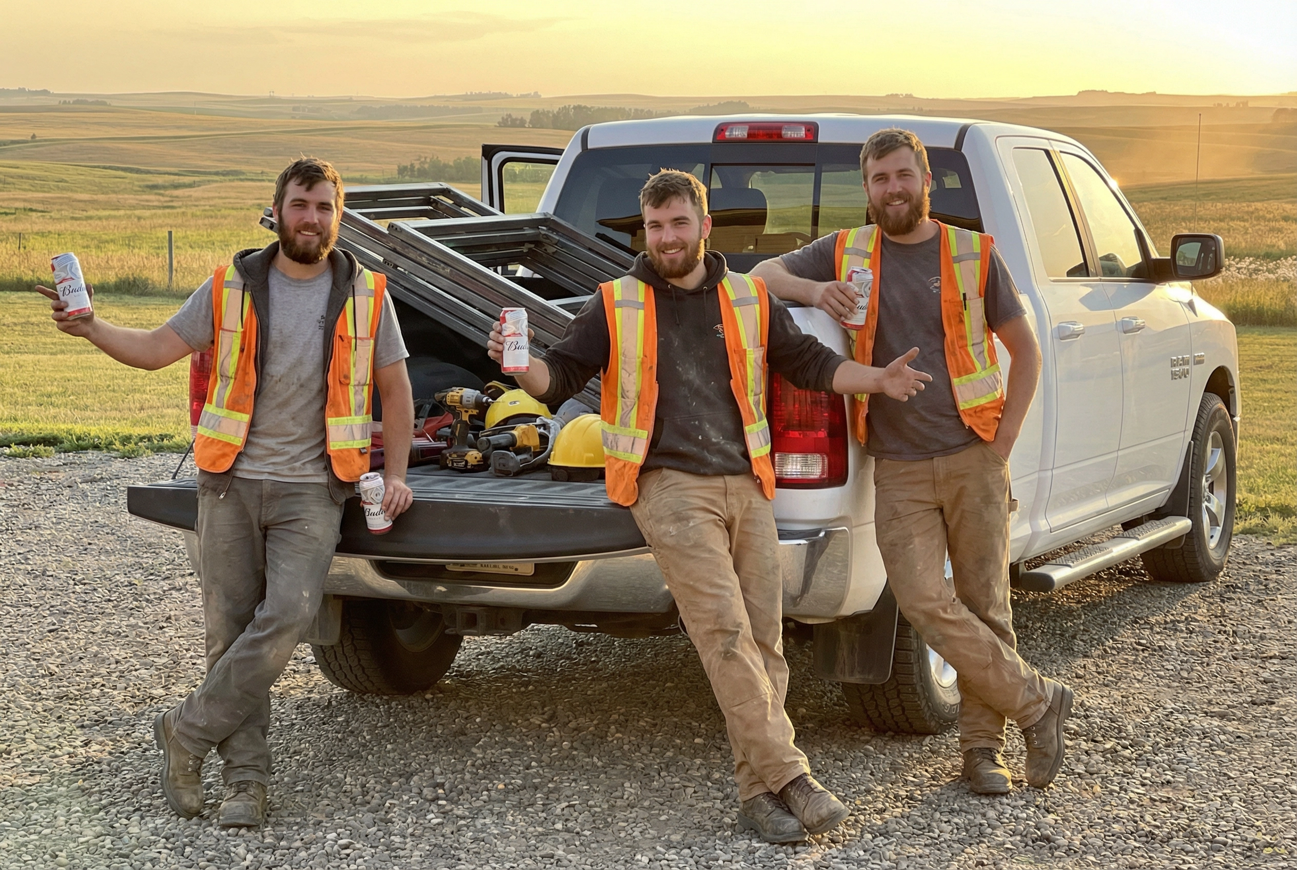 Range Road Solar crew at the end of a workday, standing at the tailgate of their truck on the Alberta prairie