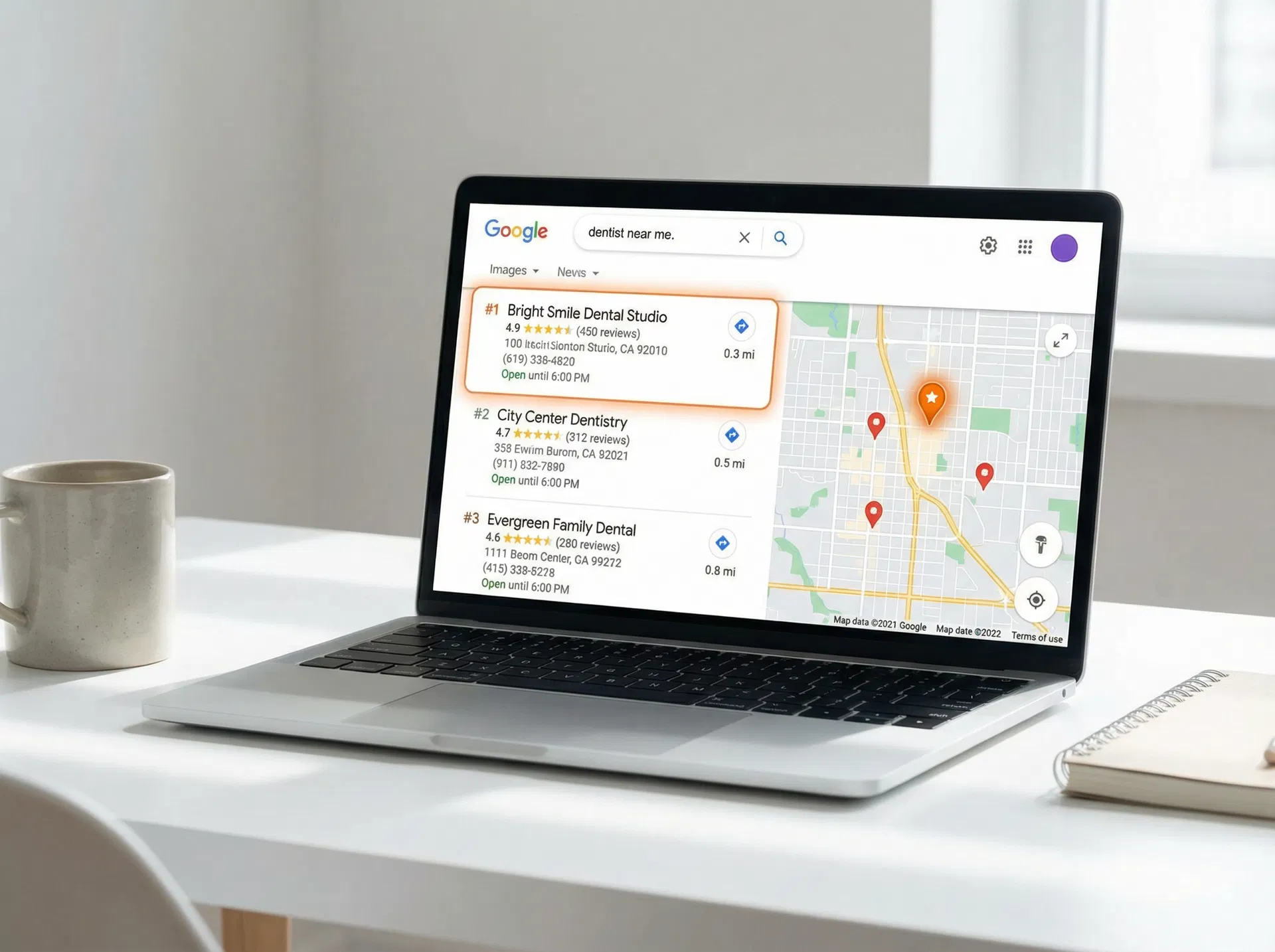 Google Maps search results for dentist near me
