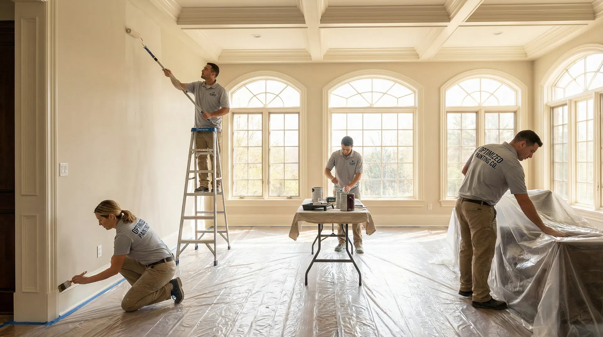 Optimized Painting Co. team working with precision in a luxury Dallas home