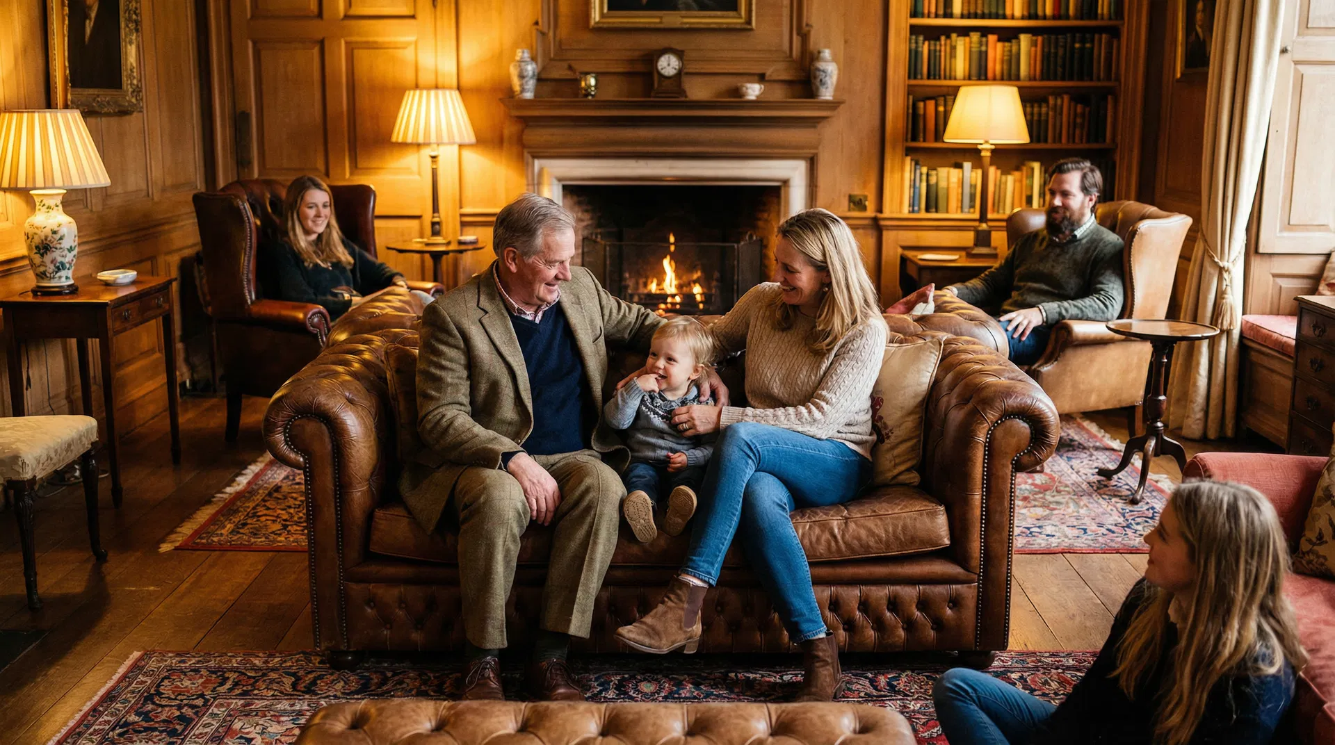 Family gathered in a warm living room