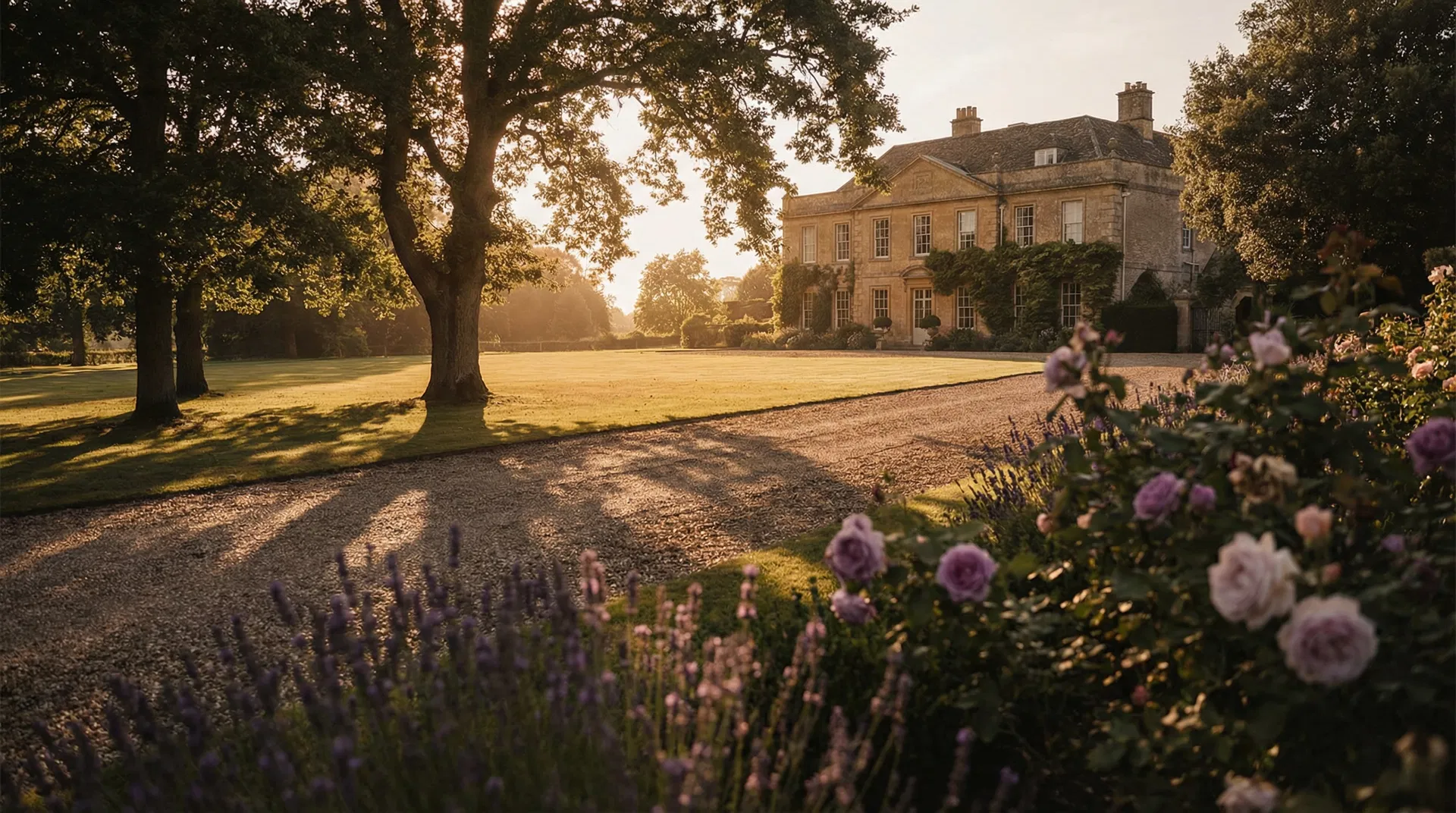 British country manor at golden hour