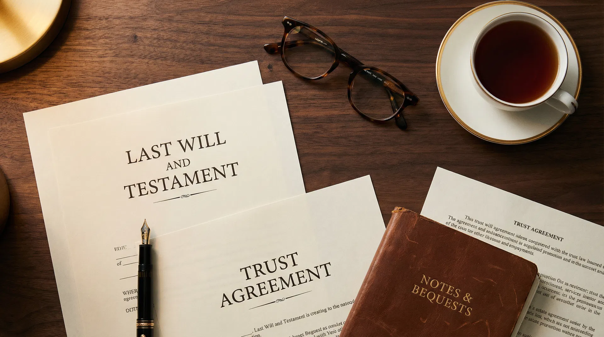 Estate planning documents on a walnut desk