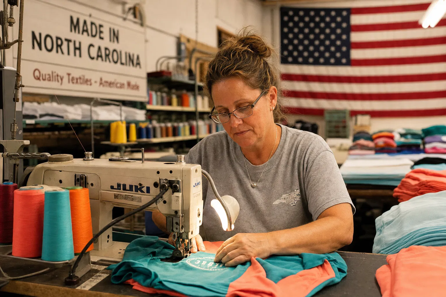 Project Repat craftsperson sewing a t-shirt quilt in our North Carolina factory