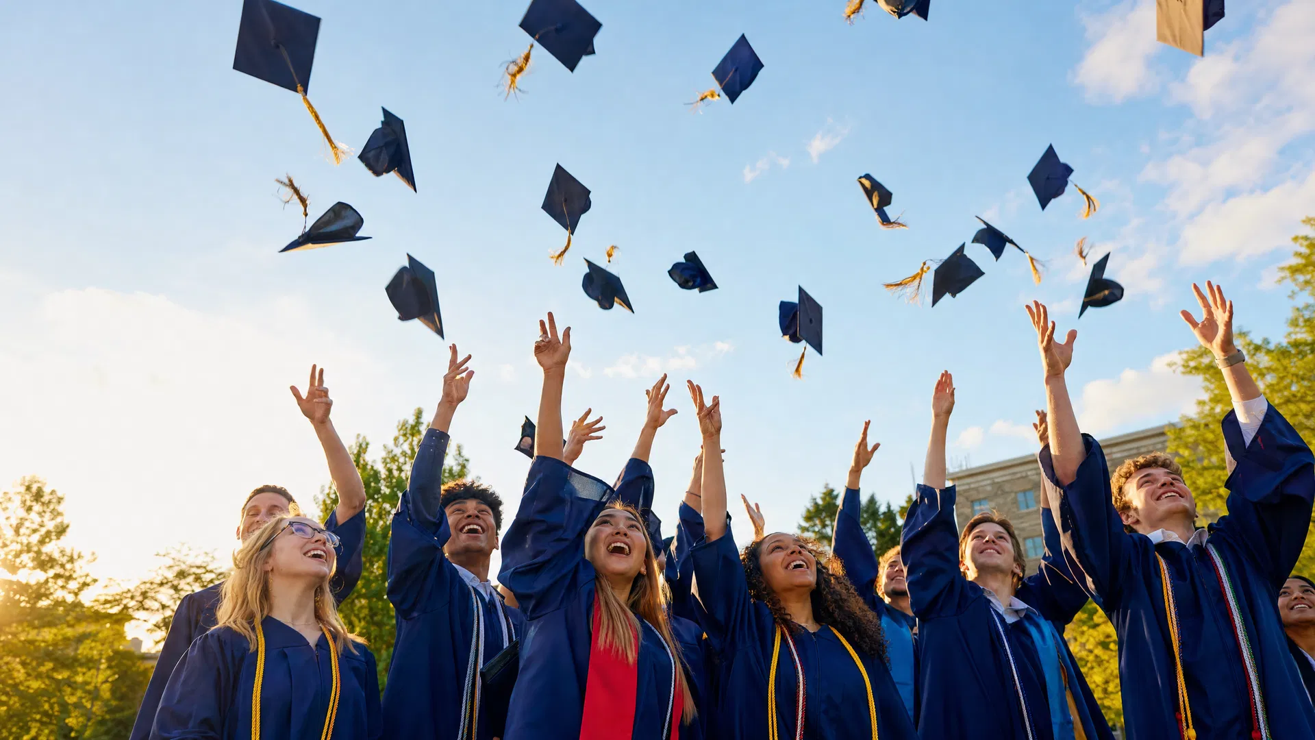 Graduates tossing caps at graduation ceremony