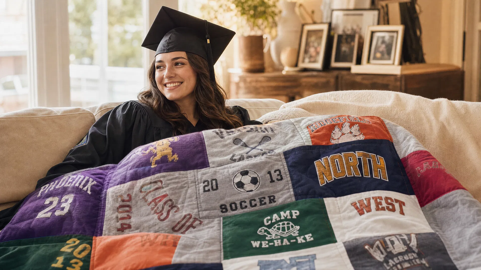 Graduate wrapped in a Project Repat t-shirt quilt made from high school memories