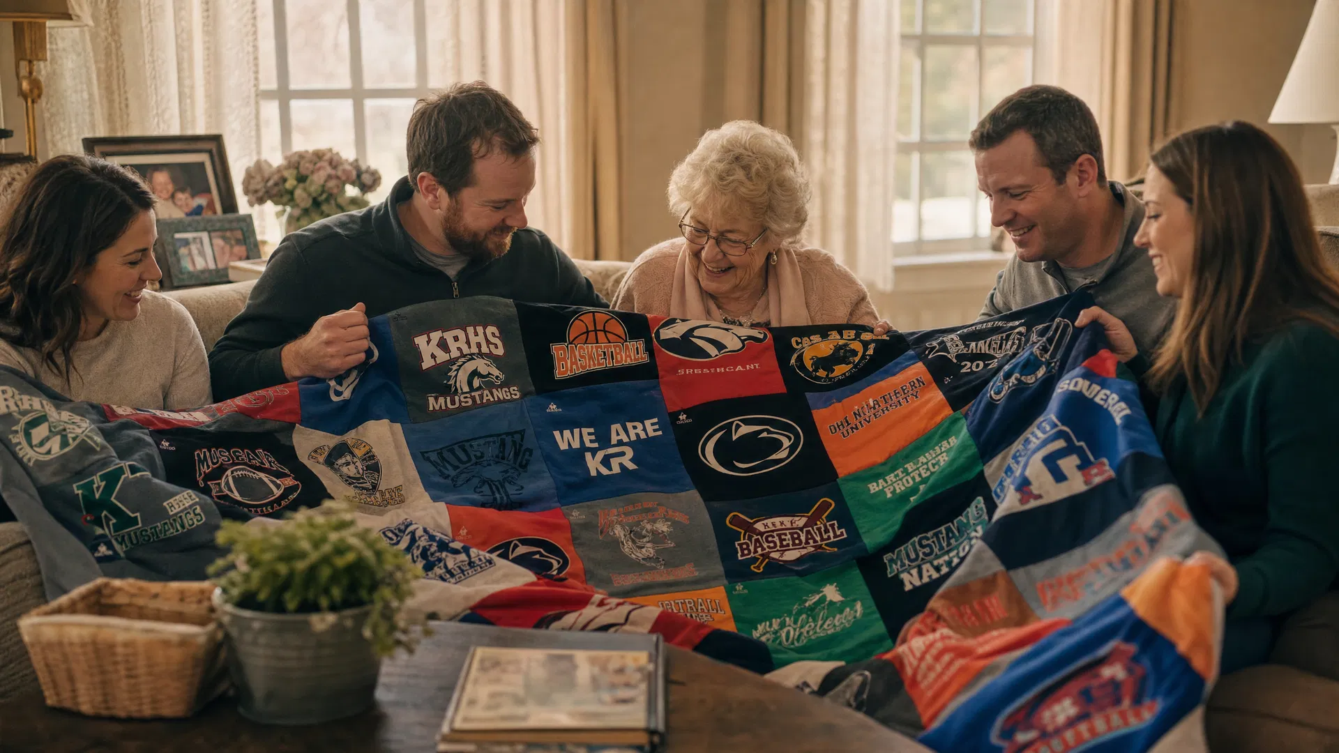 Family sharing a Project Repat memory quilt together