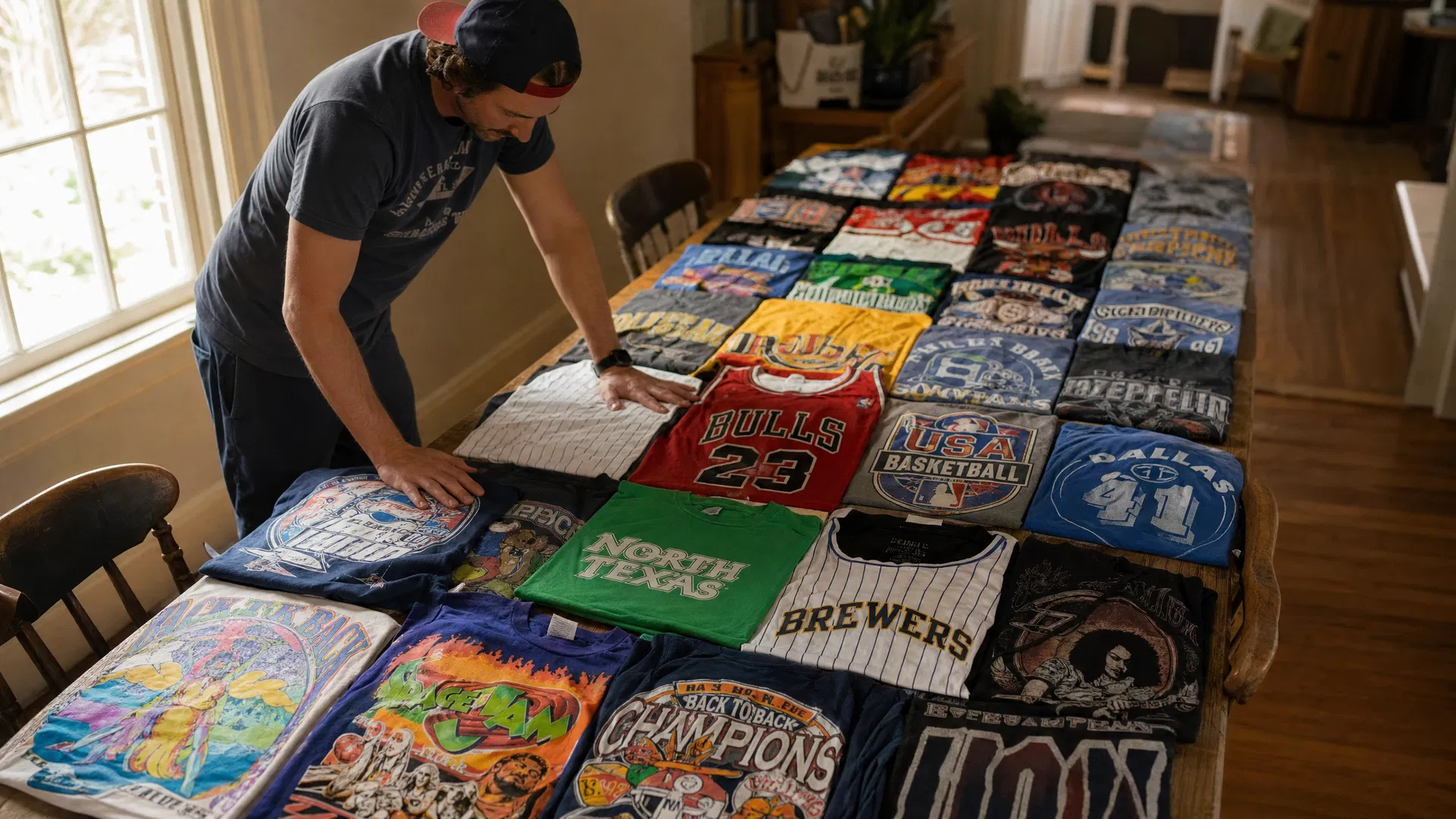 Person laying out a colorful collection of t-shirts on a table before sending them to Project Repat