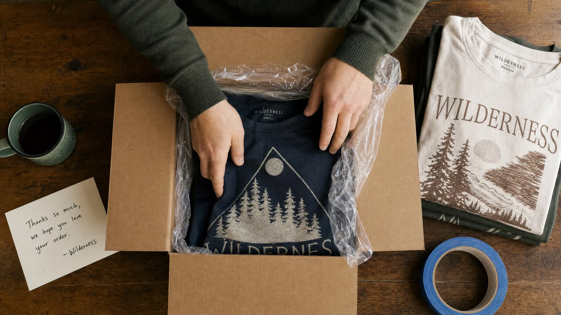 Folding t-shirts into a cardboard shipping box lined with a plastic bag, with painter's tape and a handwritten note nearby