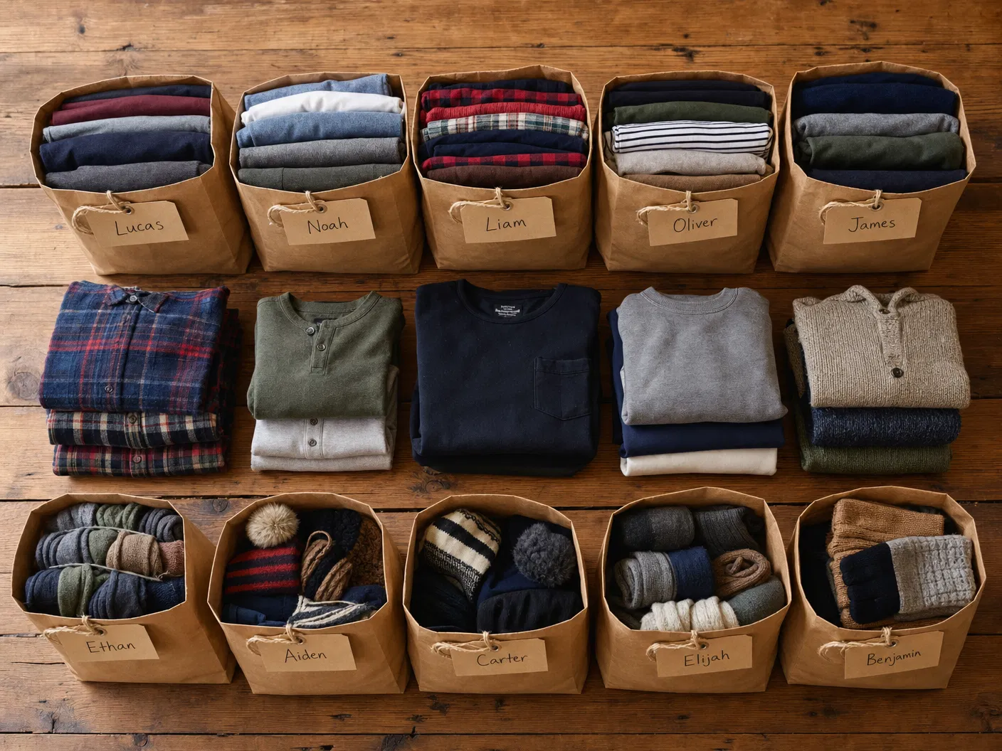 Clothing sorted into labeled bags for multiple quilts