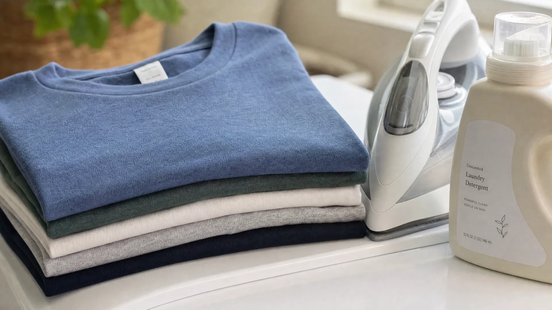 Clean folded t-shirts with unscented laundry detergent, ready to be packed for Project Repat