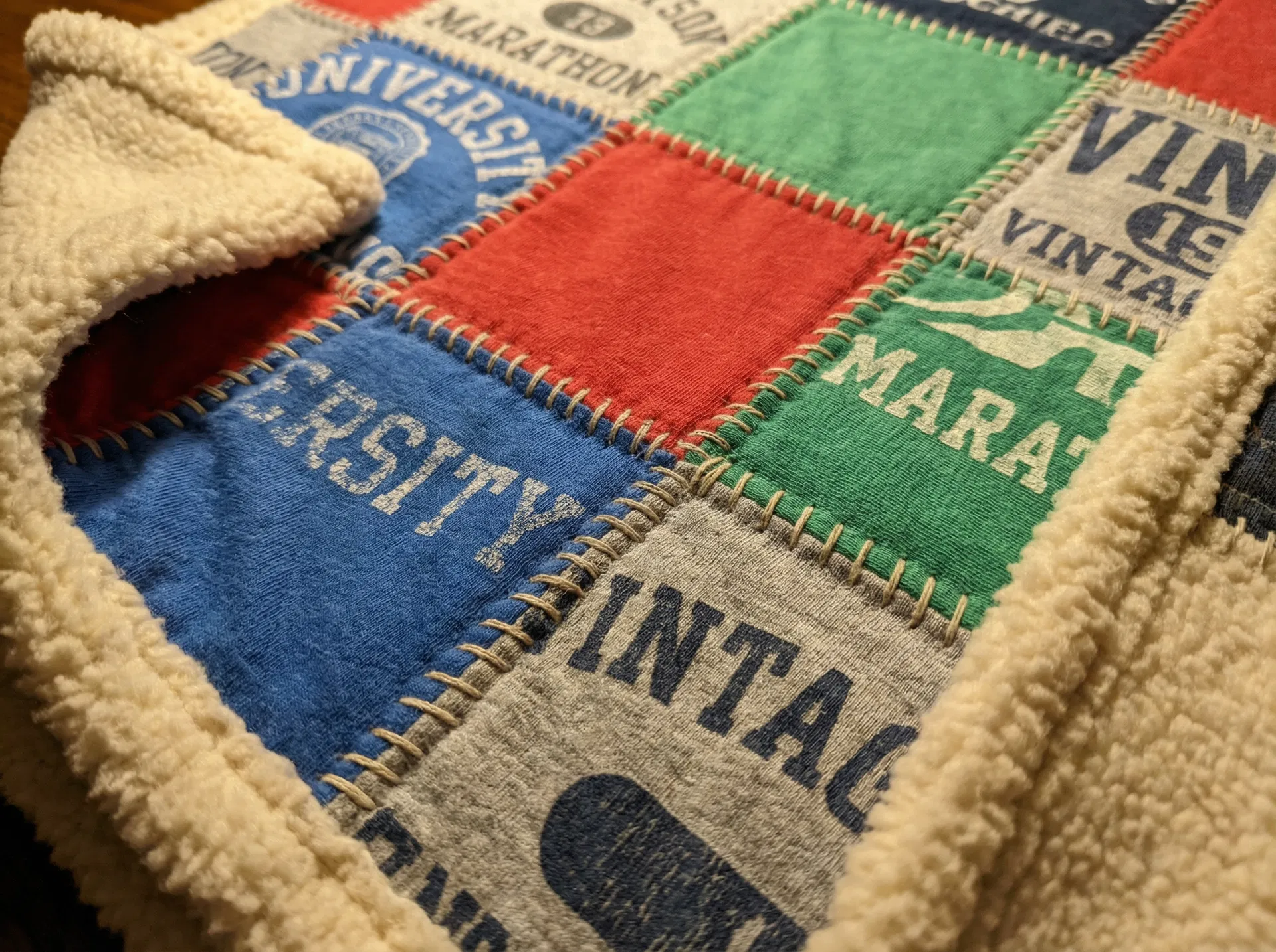 Close-up of t-shirt quilt stitching detail