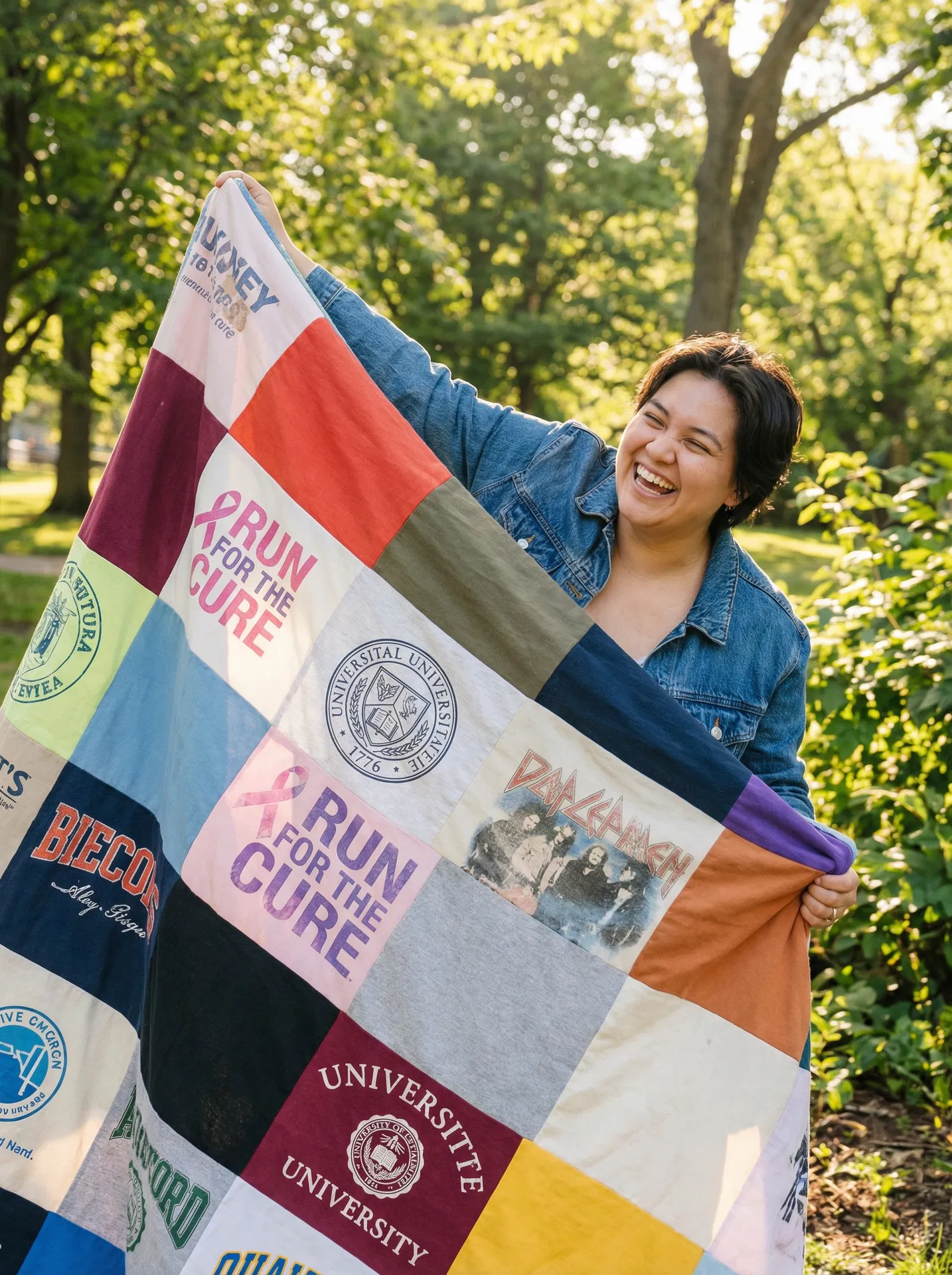 Person holding a colorful t-shirt quilt outdoors, smiling