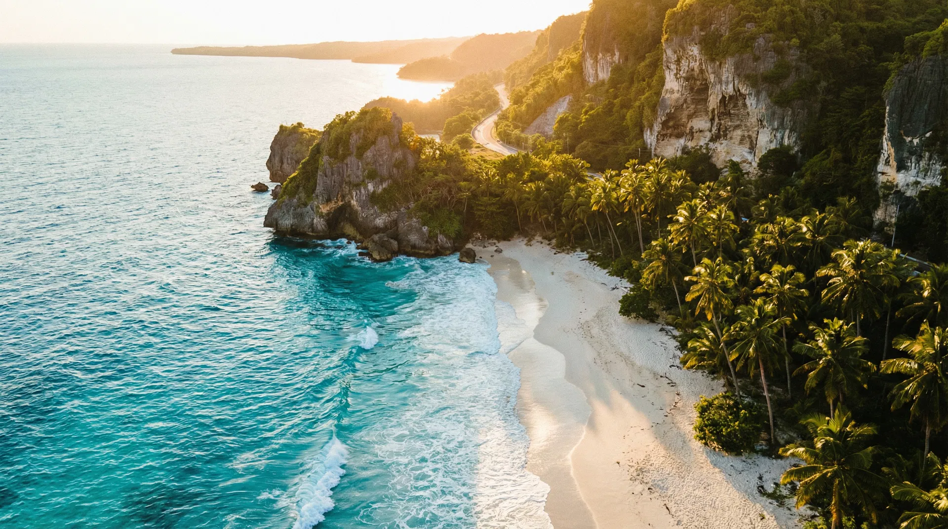 Tropische kustlijn bij zonsondergang