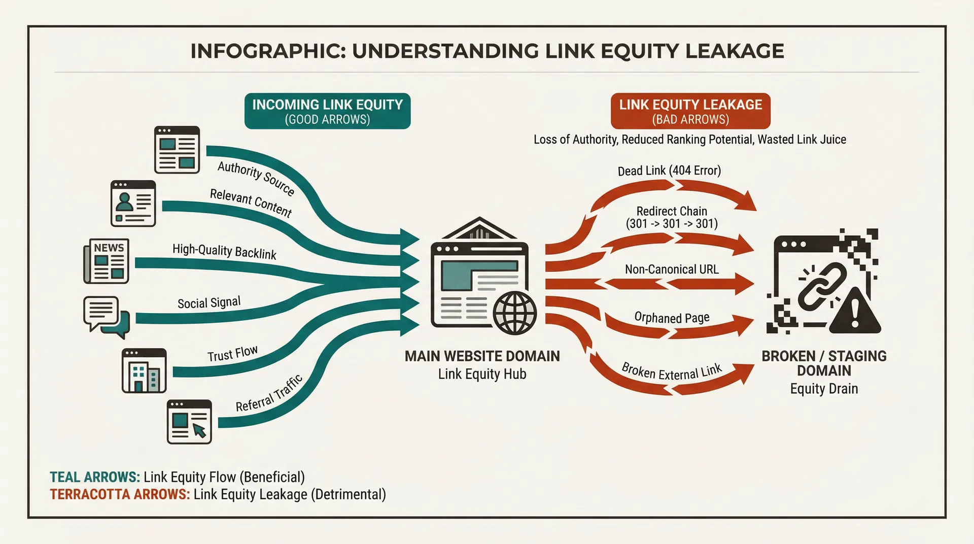 Diagram showing how link equity flows into washateriaworld.com and leaks out to the staging domain