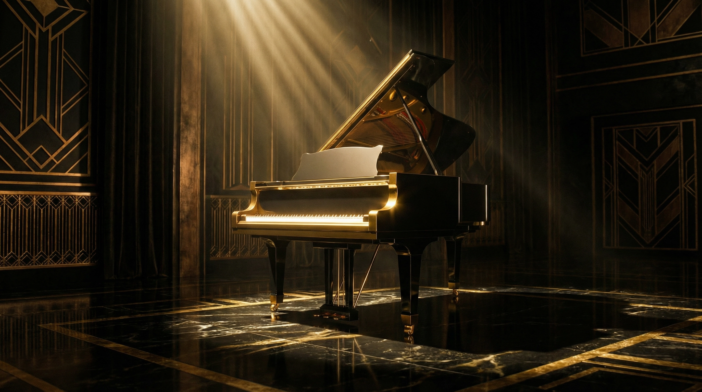 Piano de cola en sala de conciertos