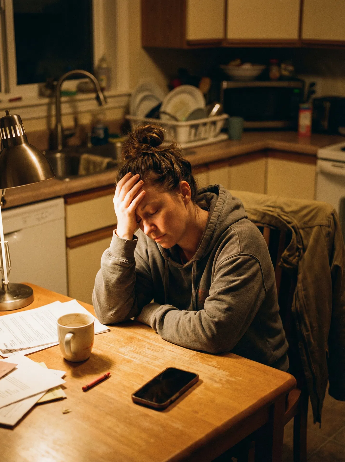 Tired, busy working parent at the end of a long day