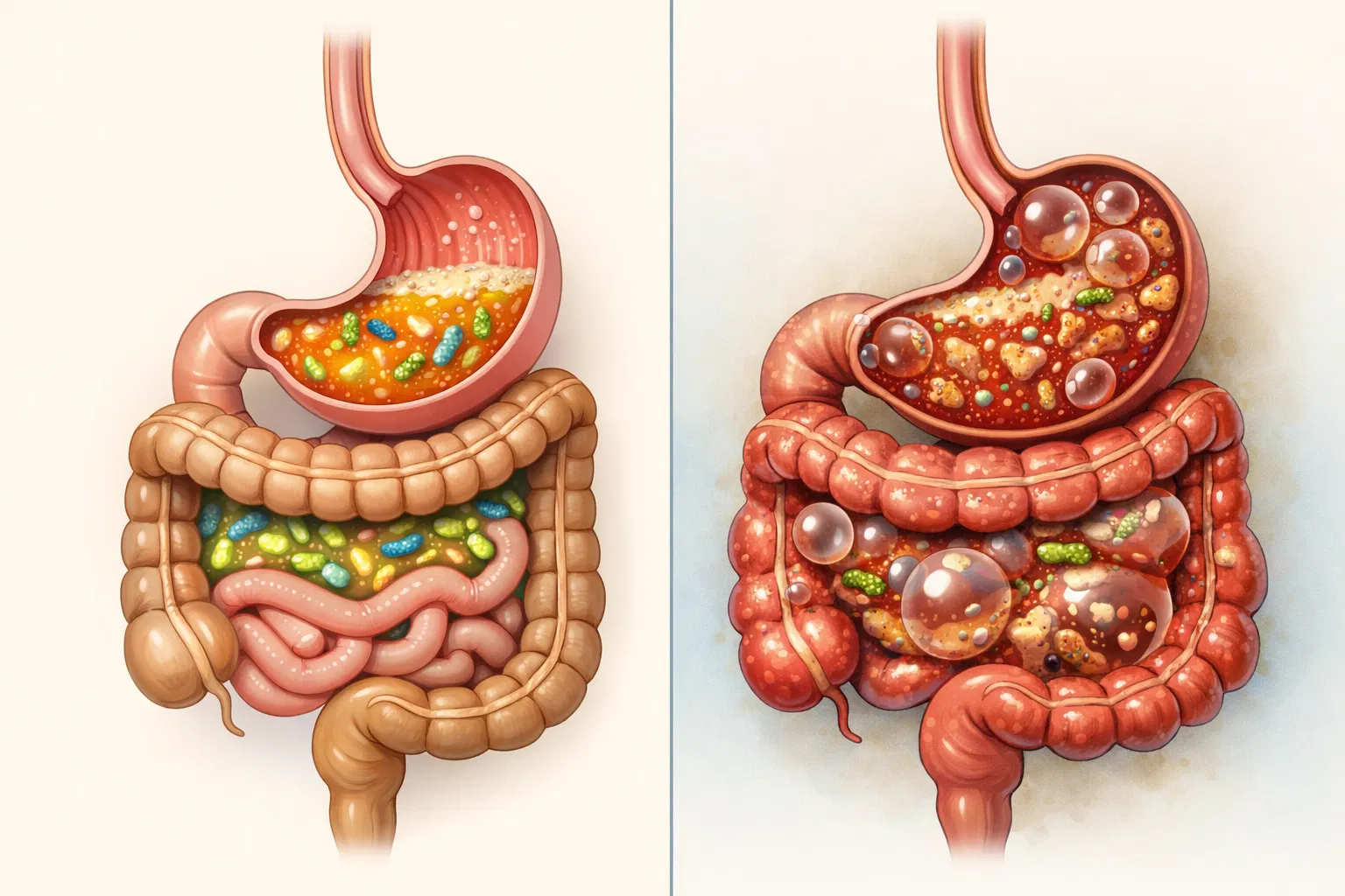 Split-screen medical illustration comparing healthy digestive system vs bloated digestive system with inflammation and gas buildup