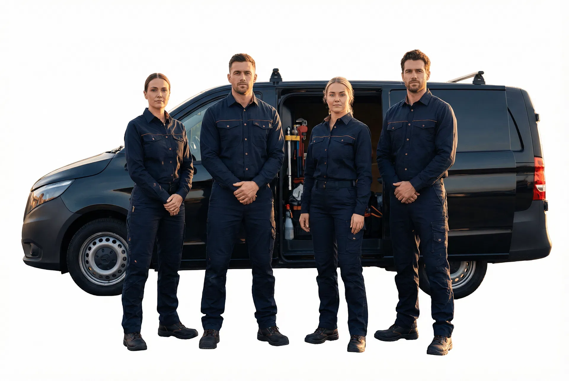 High Caliber Plumbing team standing in front of service vehicle