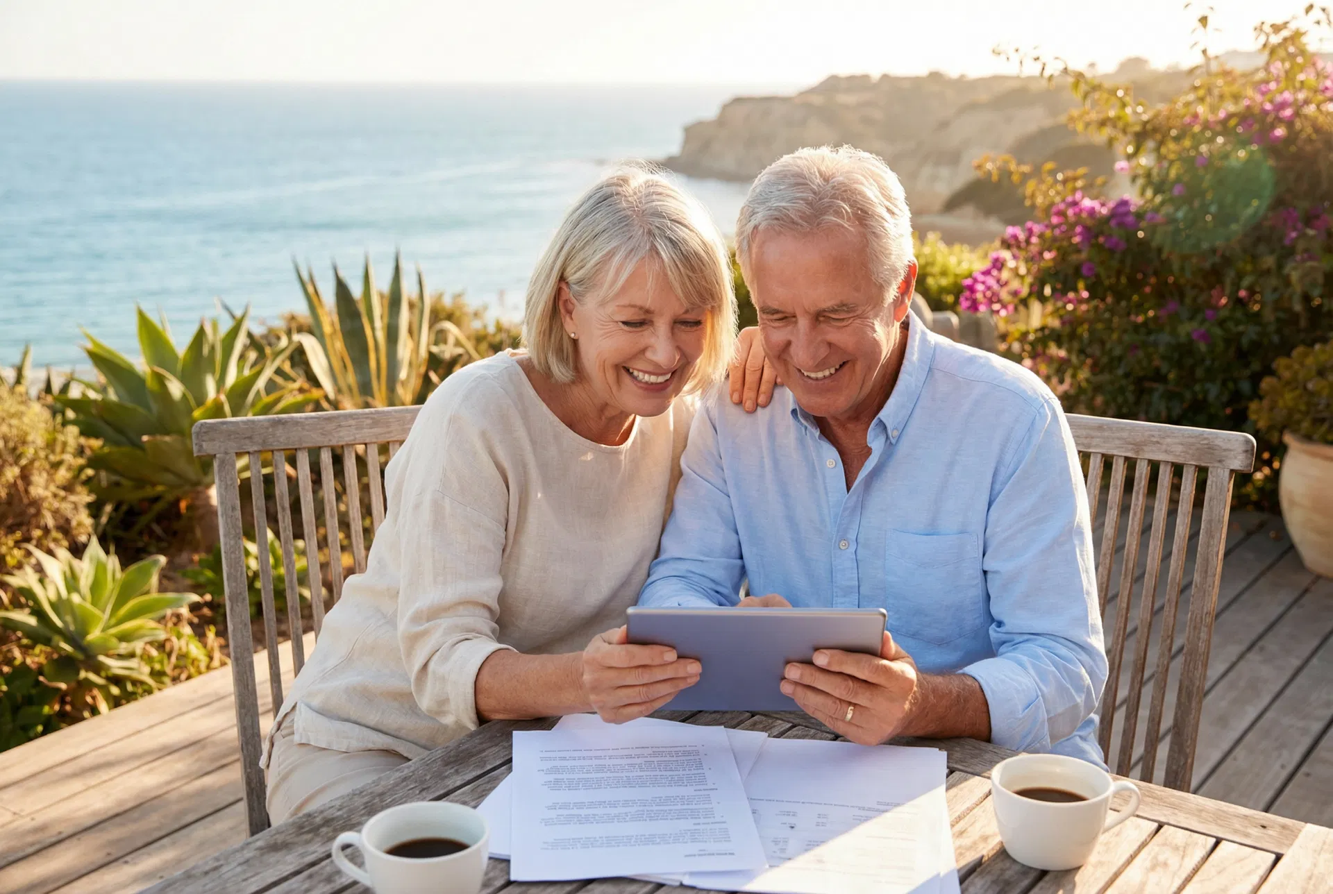 Senior couple reviewing retirement plan on California patio