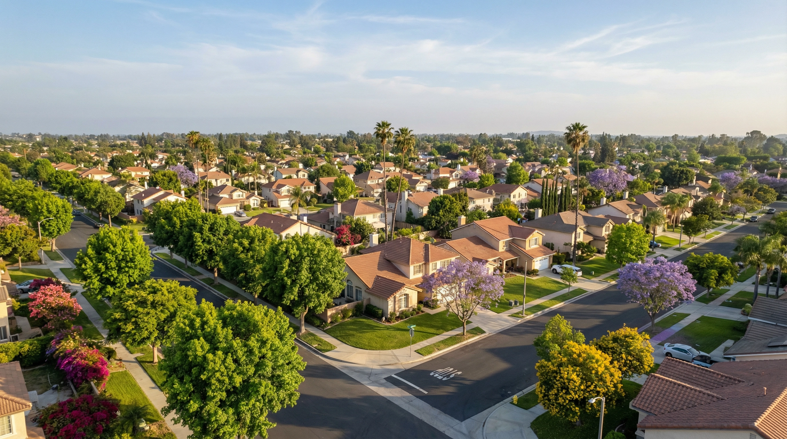 Aerial view of Inland Empire neighborhood in spring