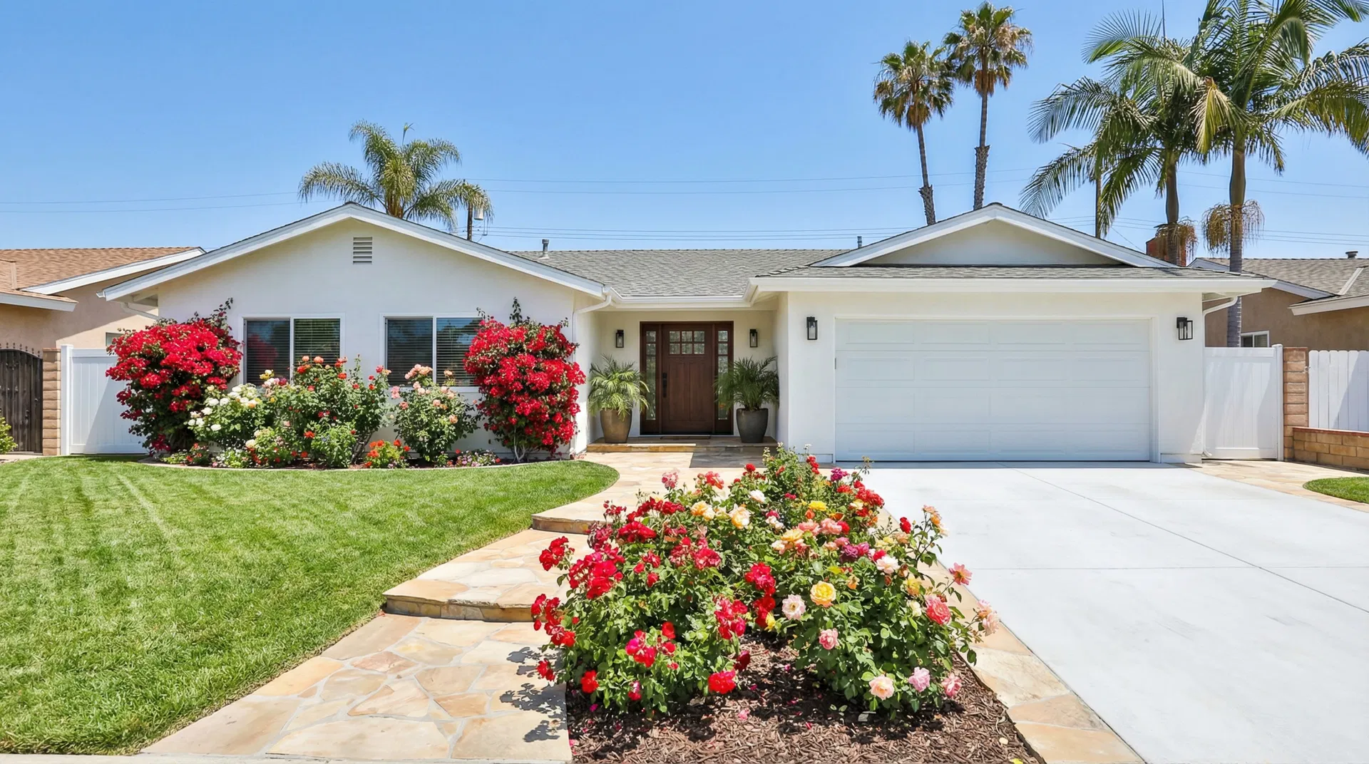 Beautiful curb appeal of a Corona CA home with manicured lawn and colorful flowers