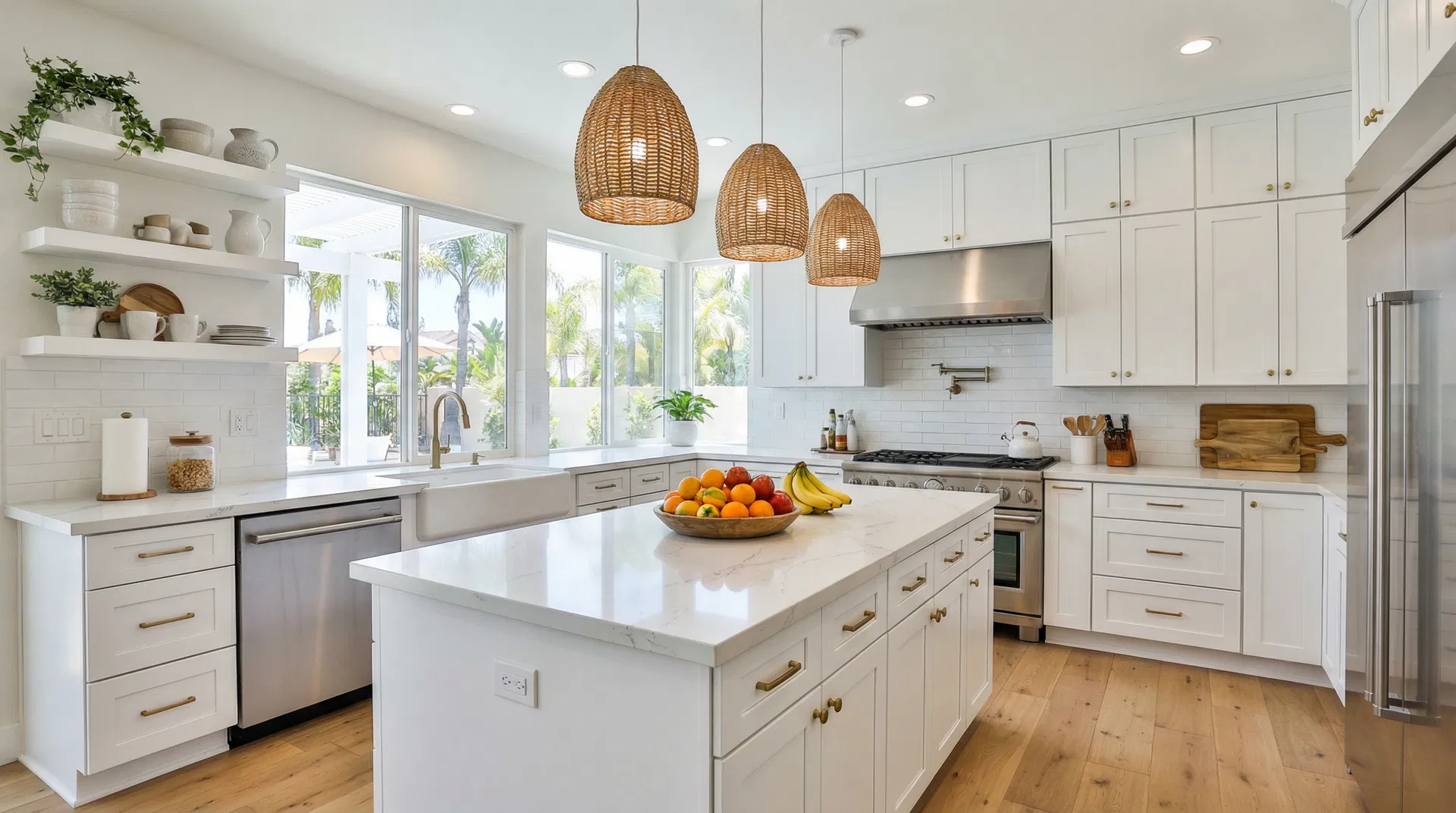 Updated kitchen with white cabinets and quartz countertops staged for home sale