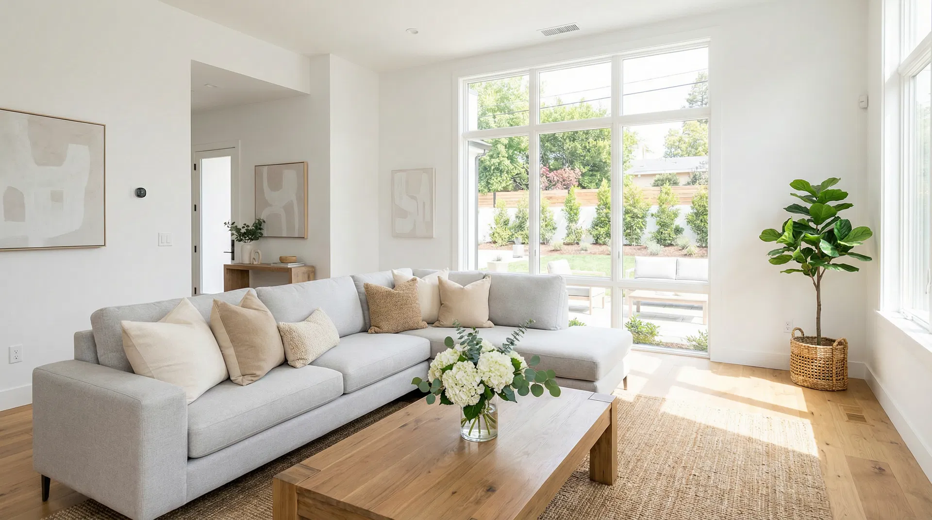 Beautifully staged living room with neutral tones and natural light for home sale