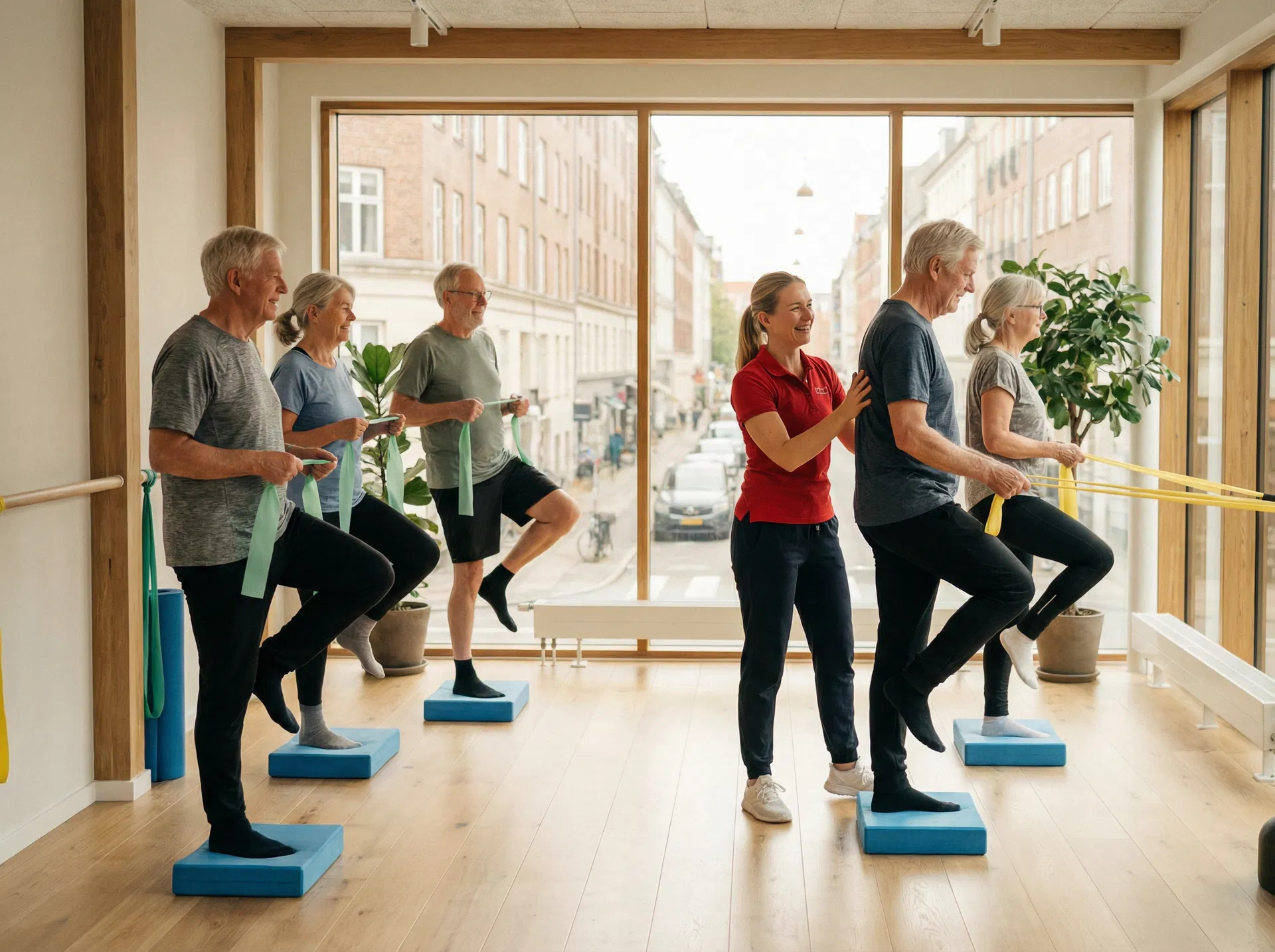 Seniorer laver balanceøvelser med elastikker