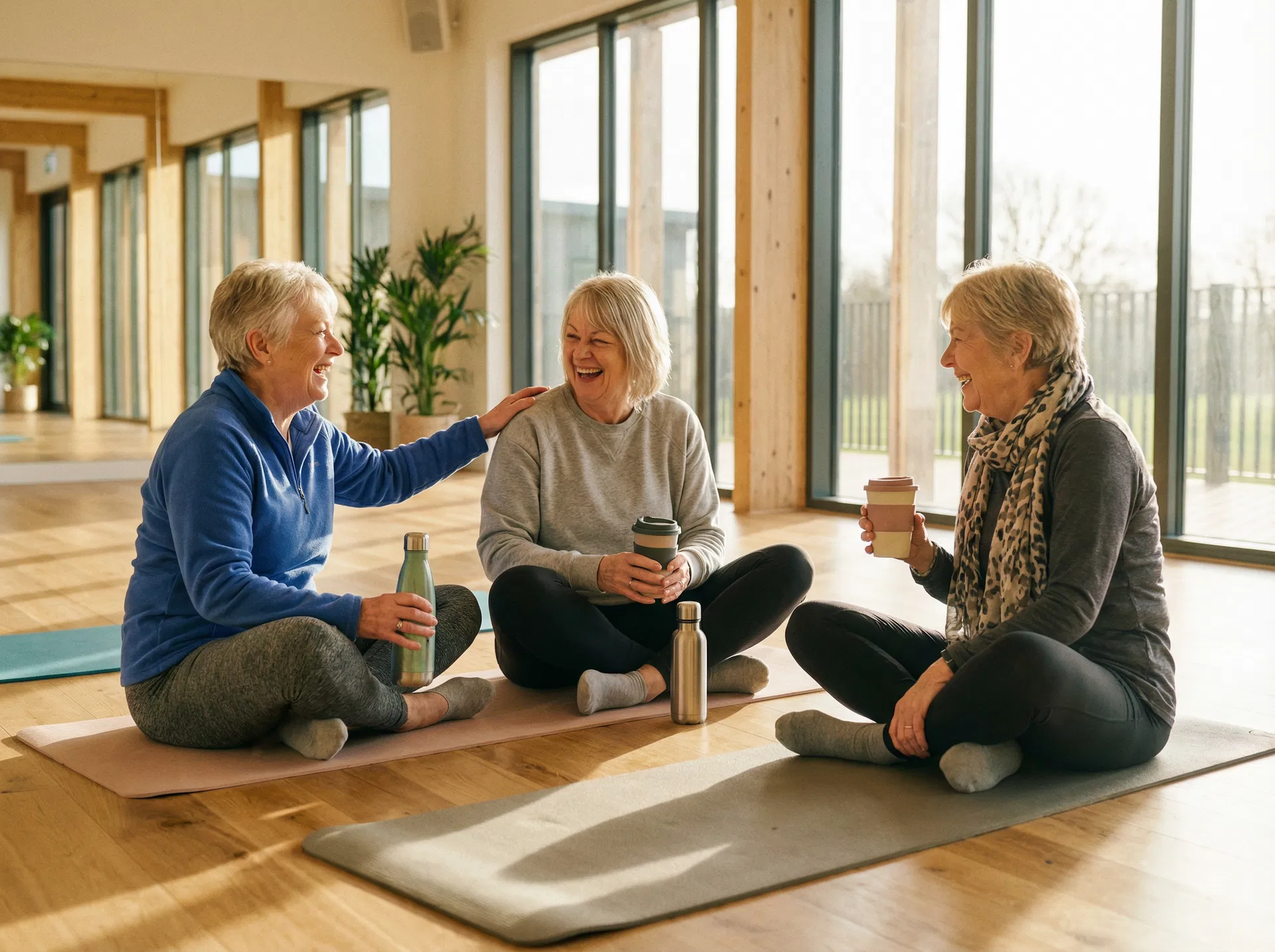 Tre seniorkvinder griner sammen efter træning