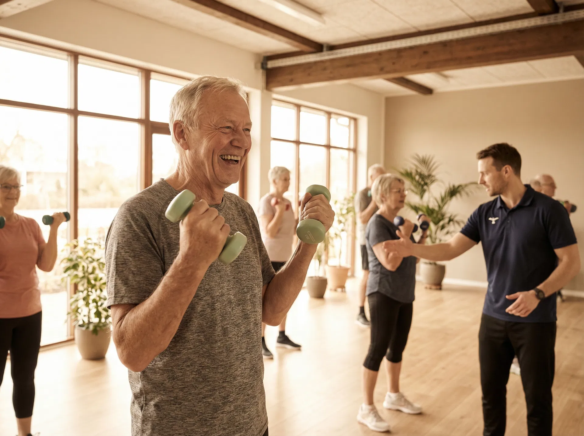 Senior mand træner med lette håndvægte