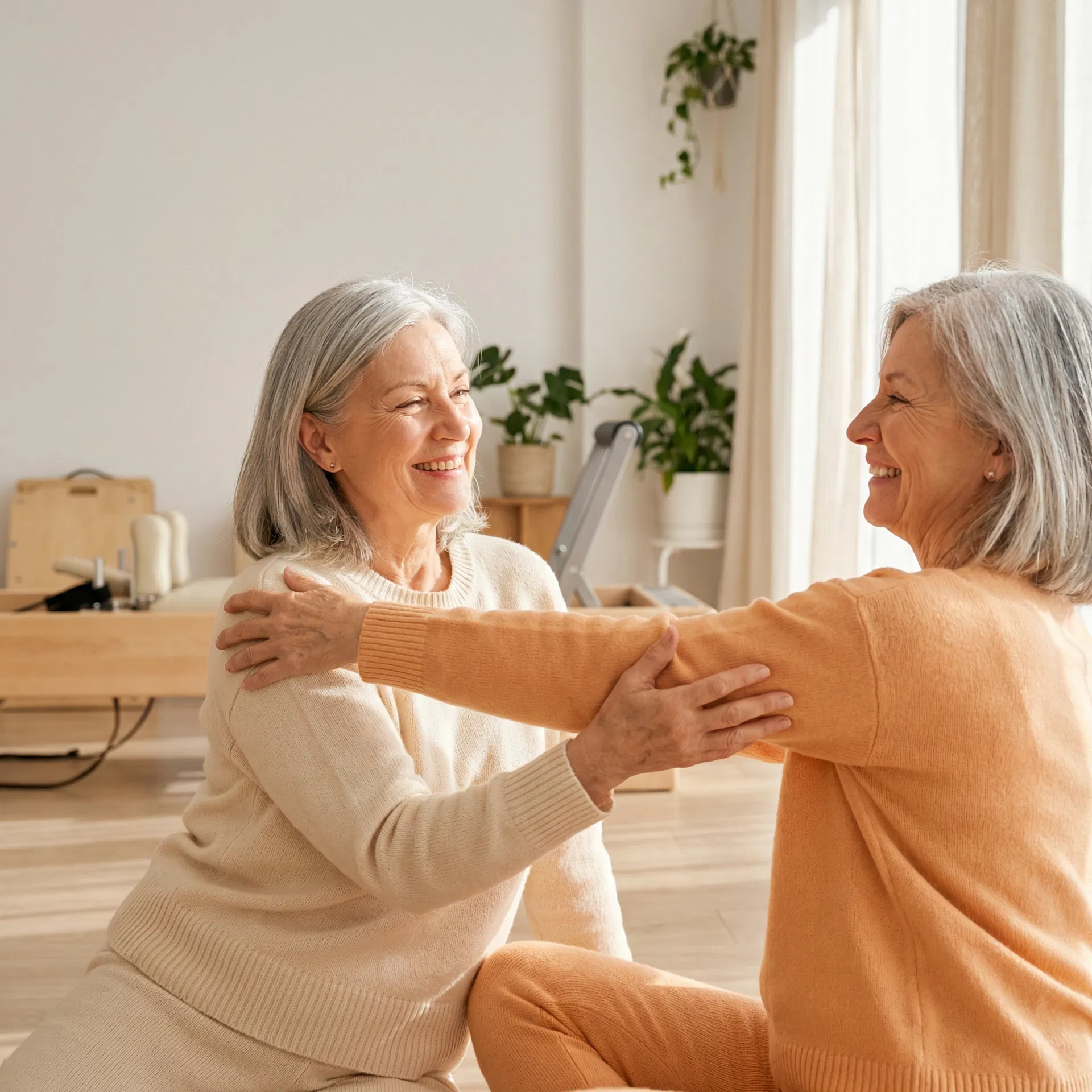 To seniorkvinder strækker ud sammen og smiler