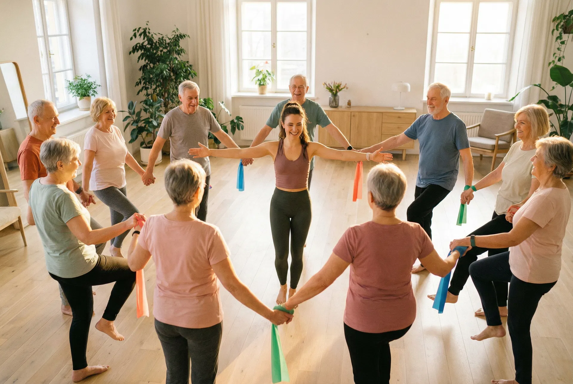 Instruktør leder seniortræning med holdøvelser i en cirkel
