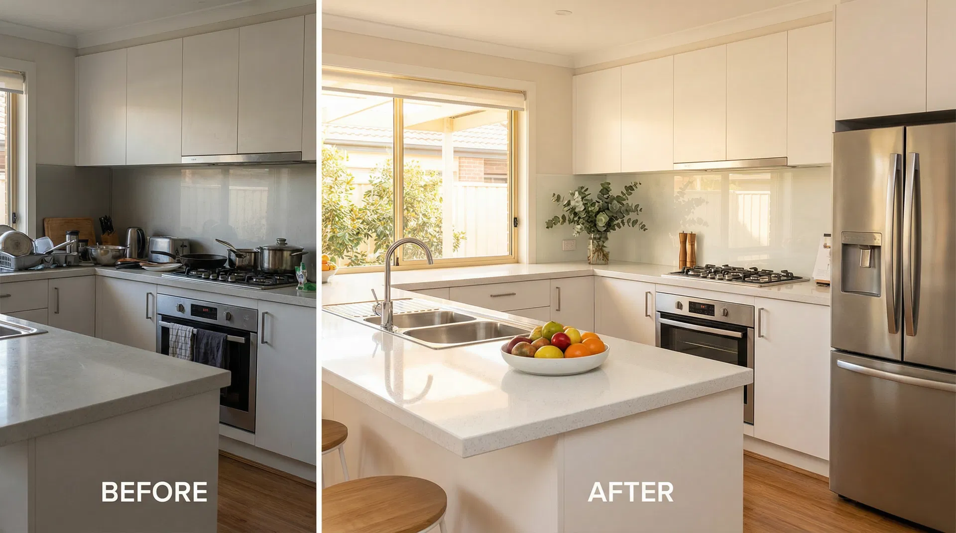 Before and after vacate cleaning of a Perth kitchen