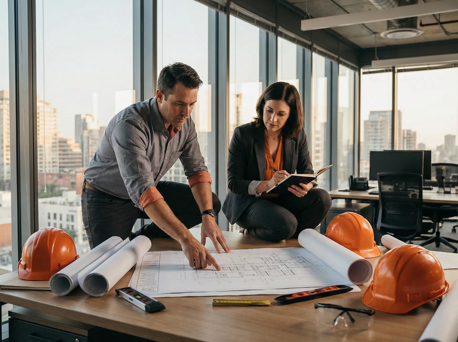 Engineers reviewing structural blueprints and plans