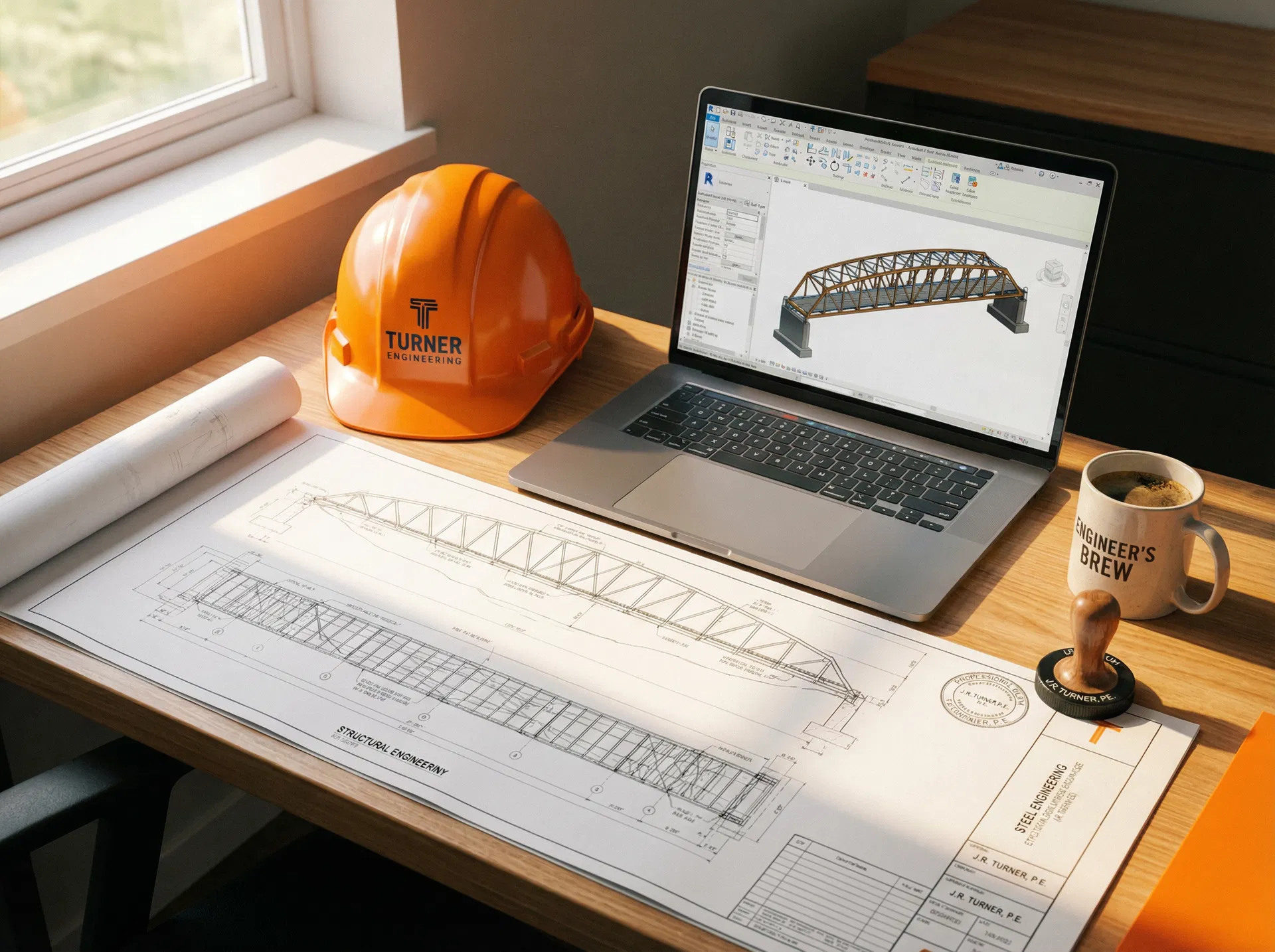 Engineering workspace with blueprints and tools
