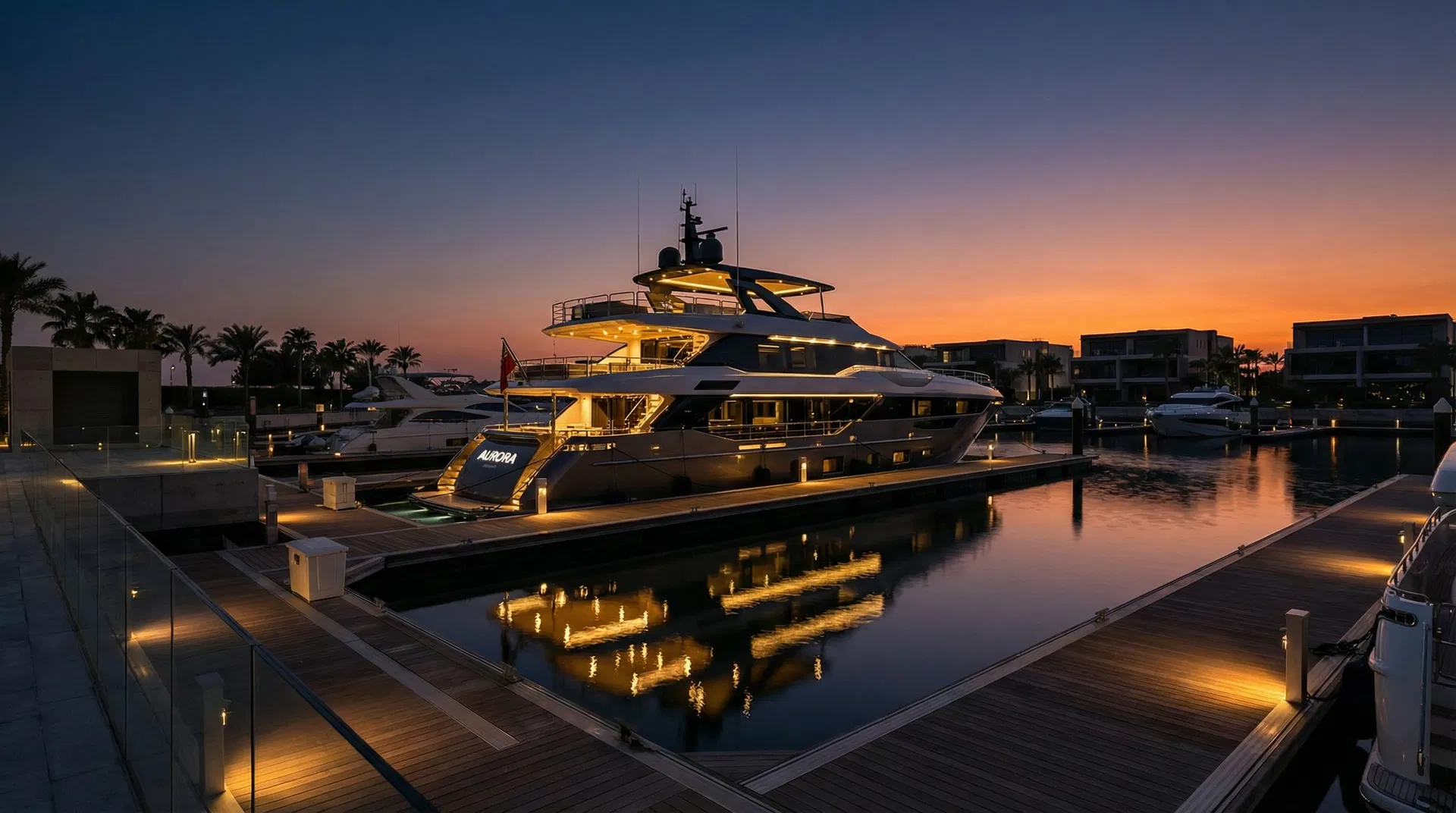 Luxury yacht at marina at dusk