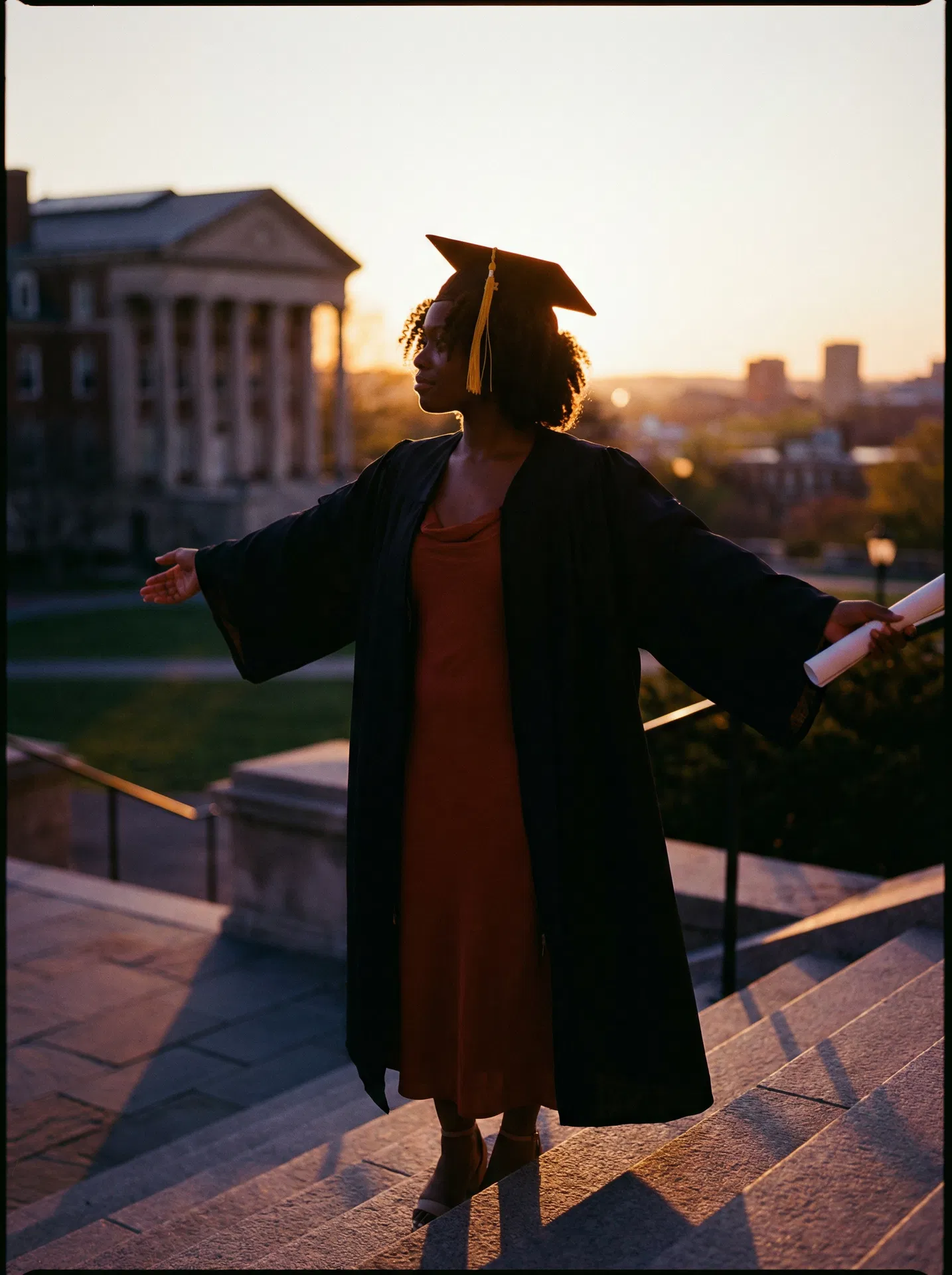 Graduate celebrating on university steps at golden hour