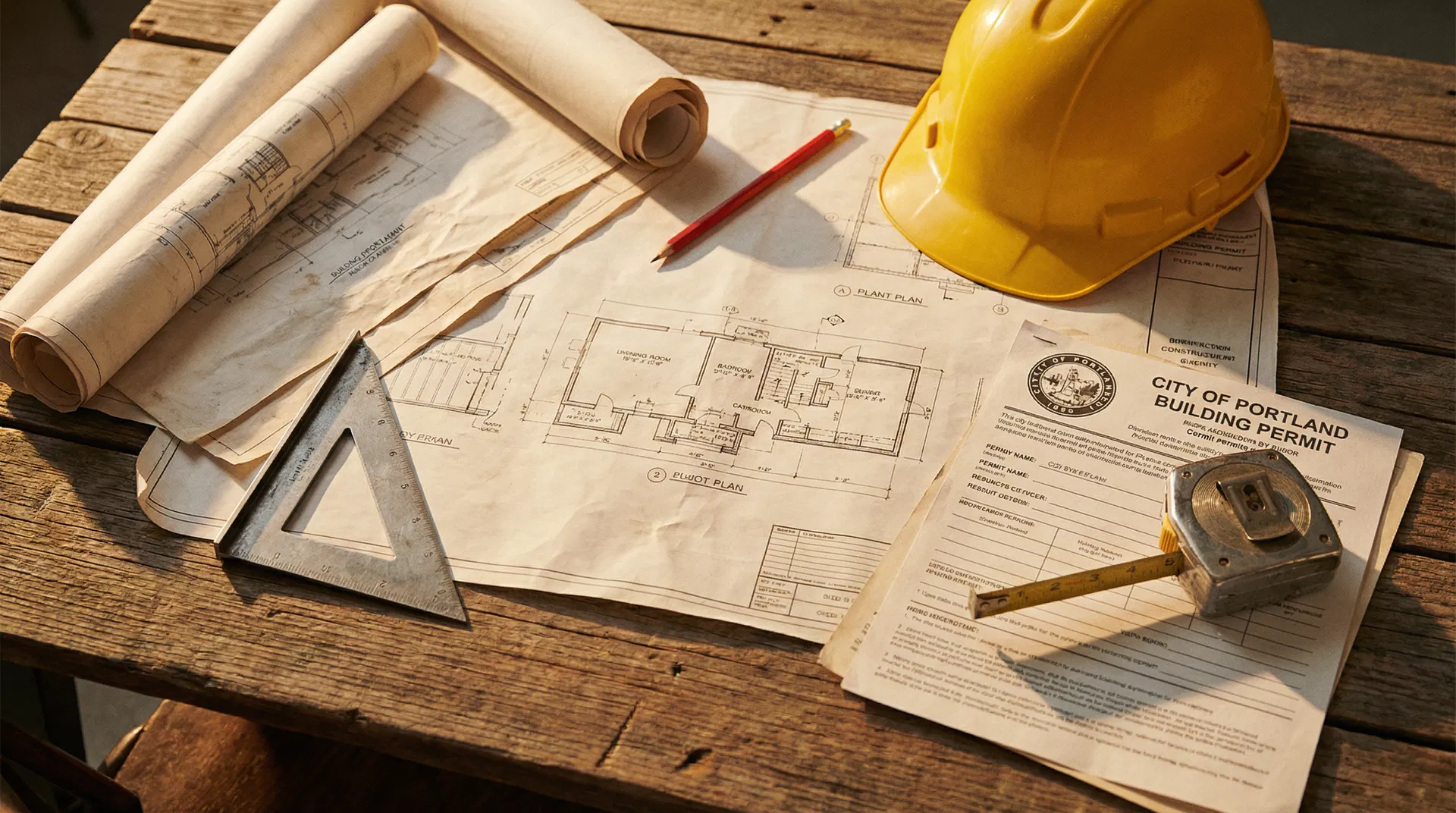 Building permit documents and architectural blueprints on a wooden desk with hard hat and measuring tape